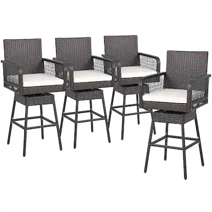 Front. Costway - Costway 4 PCS 29" Patio 360° Swivel Bar Stool with Cross-Woven Armrests Footrest Metal Frame - Mix Brown,Off White.