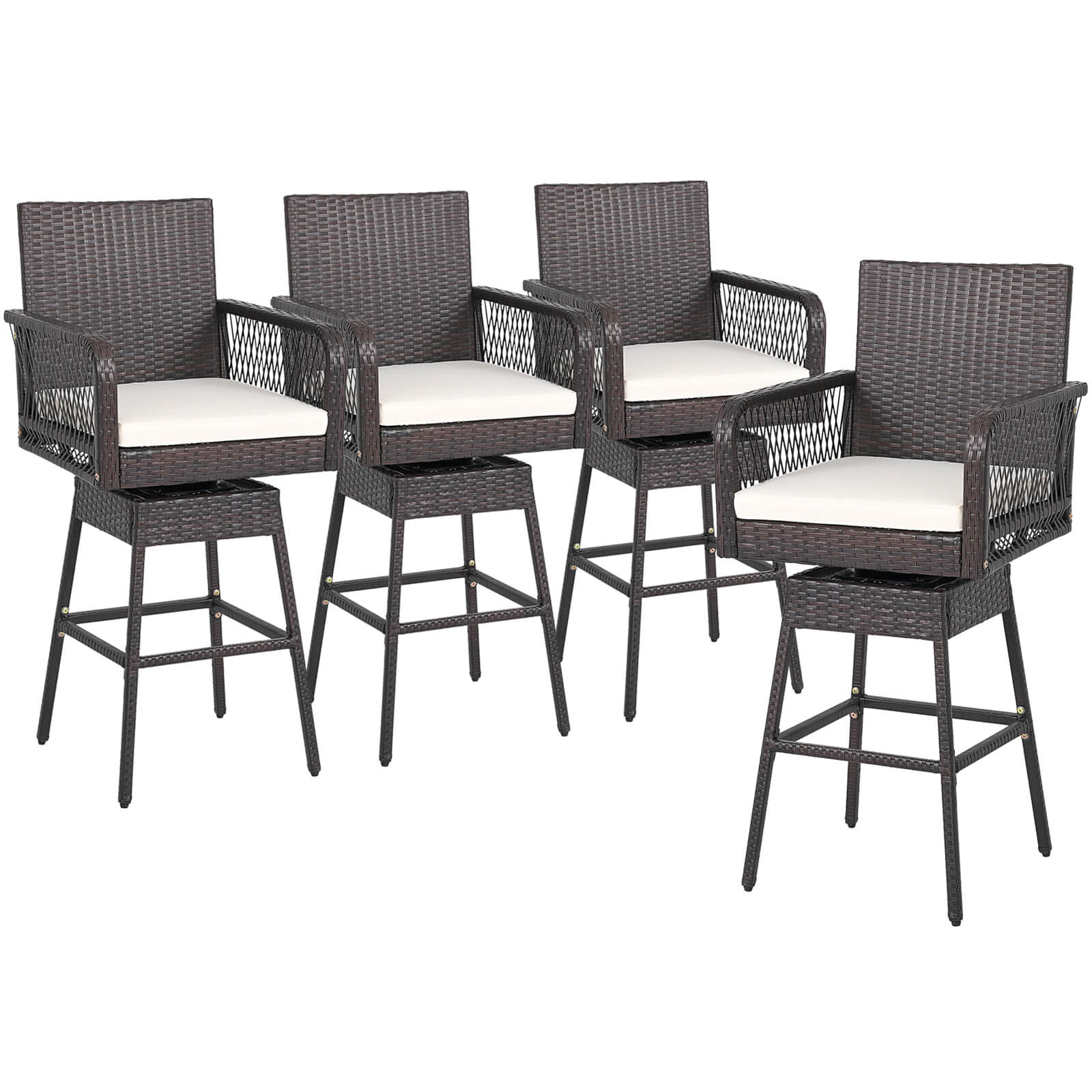 Costway - 4 PCS 29" Patio 360° Swivel Bar Stool with Cross-Woven Armrests Footrest Metal Frame - Mix Brown,Off White