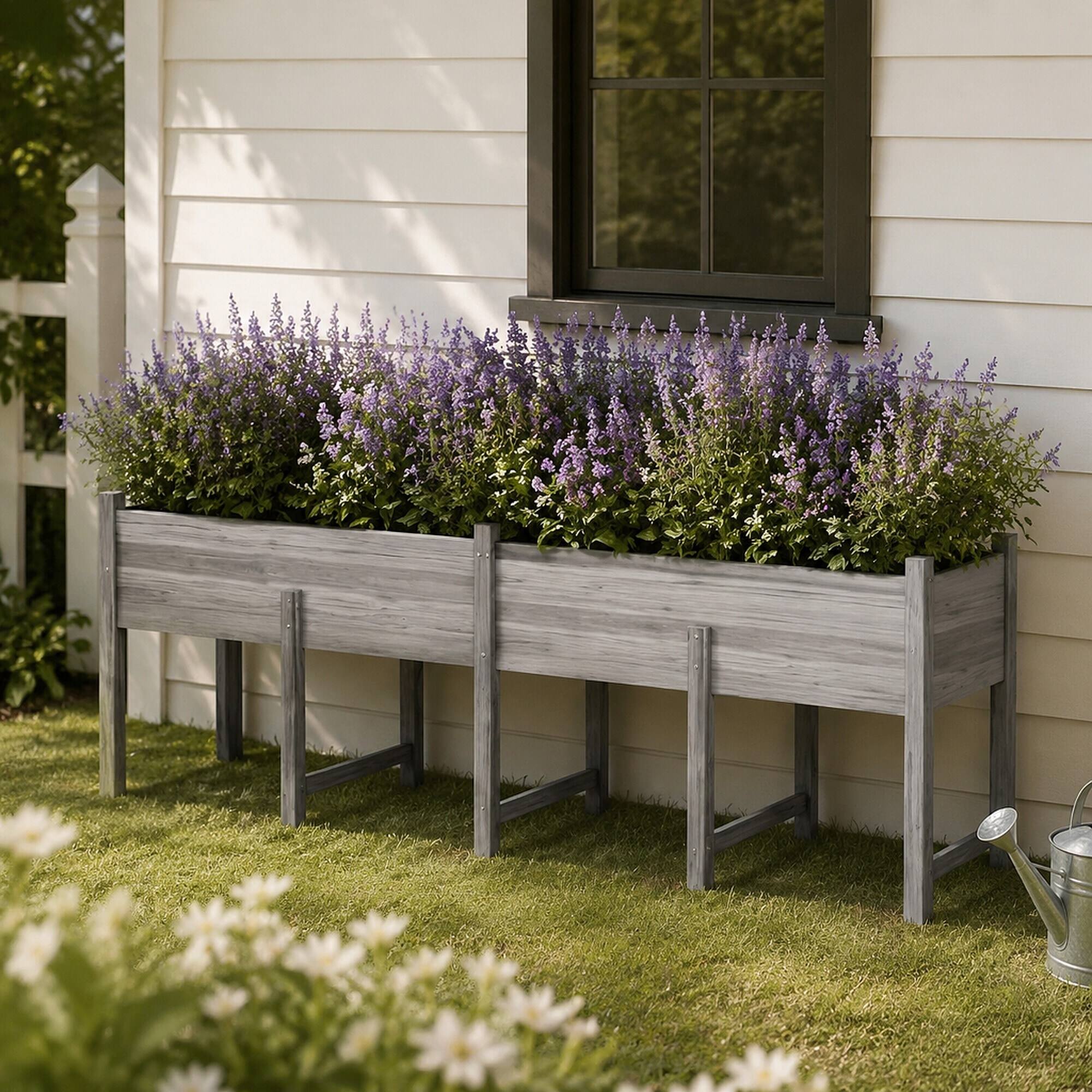 Angle. RYHNUYNE - Elevated Wooden Raised Garden Bed with Legs, Extra Large 86.5 by 19.75 Inch Planter Box with Drain Holes - Grey.