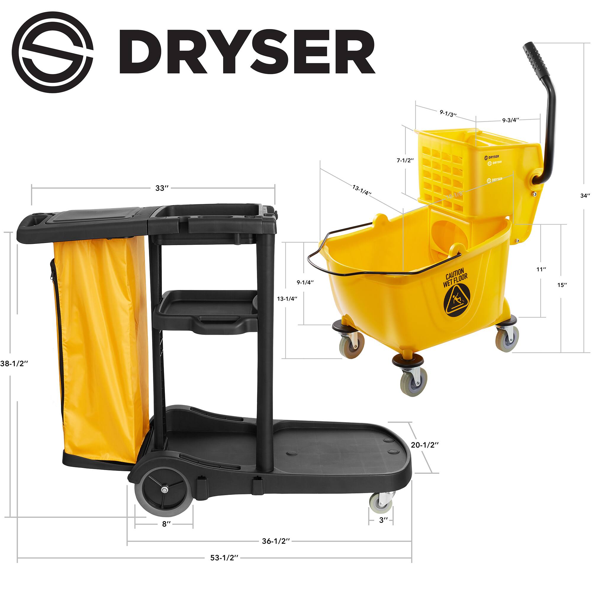 S DRYSER  
1/3 9-3/4" 7-1/2"  
m - 33" 13-1/4" 9-1/6"  
cenan - 34" a 9-1/4" 13-1/4"  
CAUTION WET FLOOR  
11" 15" 38-1/2" 20-1/2" 8" 3" 36-1/2" 53-1/2"