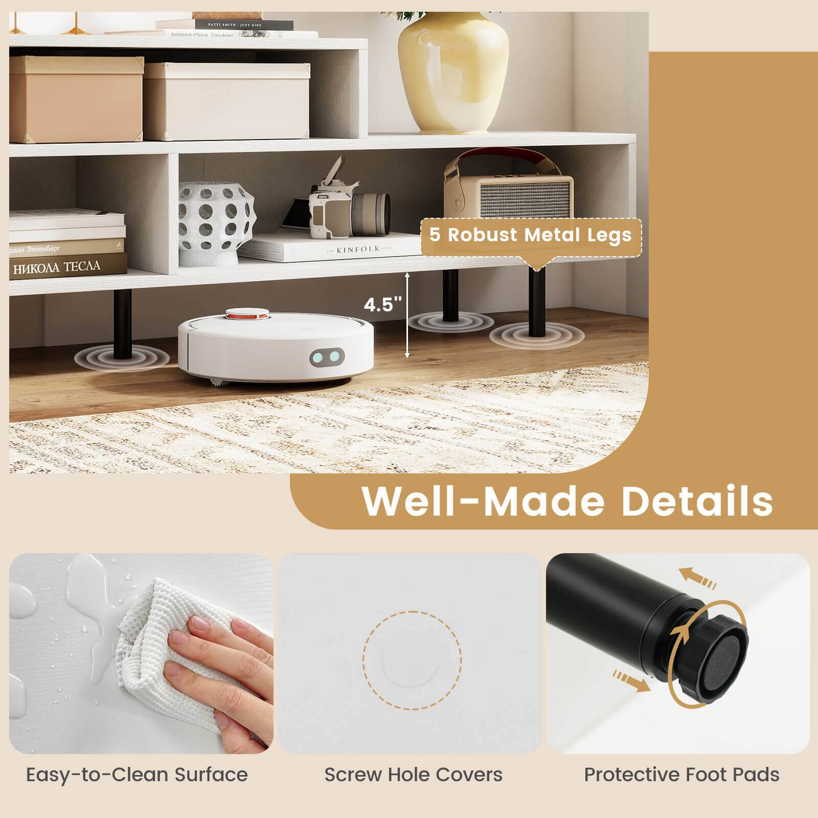 - 5 Robust Metal Legs
- 4.5" Well-Made Details
- Easy-to-Clean Surface
- Screw Hole Covers
- Protective Foot Pads