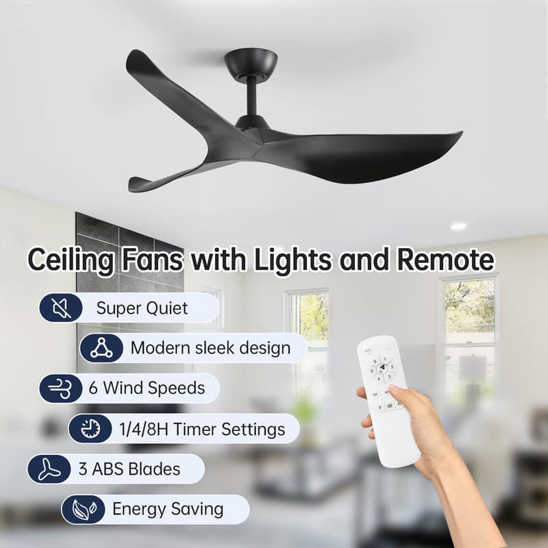 Sofucor - 52'' Modern Ceiling Fan No Light with Remote Control 3 Blades Noiseless Reversible DC Motor for Living room Bedroom - Black