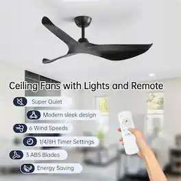 Sofucor - 52'' Modern Ceiling Fan No Light with Remote Control 3 Blades Noiseless Reversible DC Motor for Living room Bedroom - Black