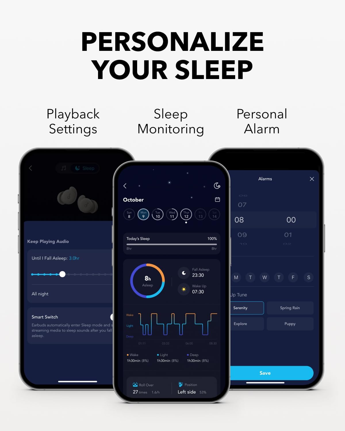 PERSONALIZE YOUR SLEEP

Playback Settings
- Keep Playing Audio
  - Until I Fall Asleep: 3.0hr
  - All night
- Smart Switch
  - Earbuds automatically enter Sleep mode and streaming media to sleep sounds after you fall asleep

Sleep Monitoring
- October
  - Sun 8
  - Mon 9
  - Tue 10
  - Wed 11
  - Thu 12
  - Fri 13
  - Sat 14
- Today's Sleep
  - 8hr
  - 100%
- Fall Asleep: 23:30
- Wake Up: 07:30
- Wake
  - 1h30min (8%)
- Light
  - 30min (8%)
- Deep
  - 1h30min (8%)
- Roll Over
  - 27 times 1.6/h
- Position
  - Left side 53%

Personal Alarm
- Alarms
  - 07 00
  - 08 00
  - 09 01
