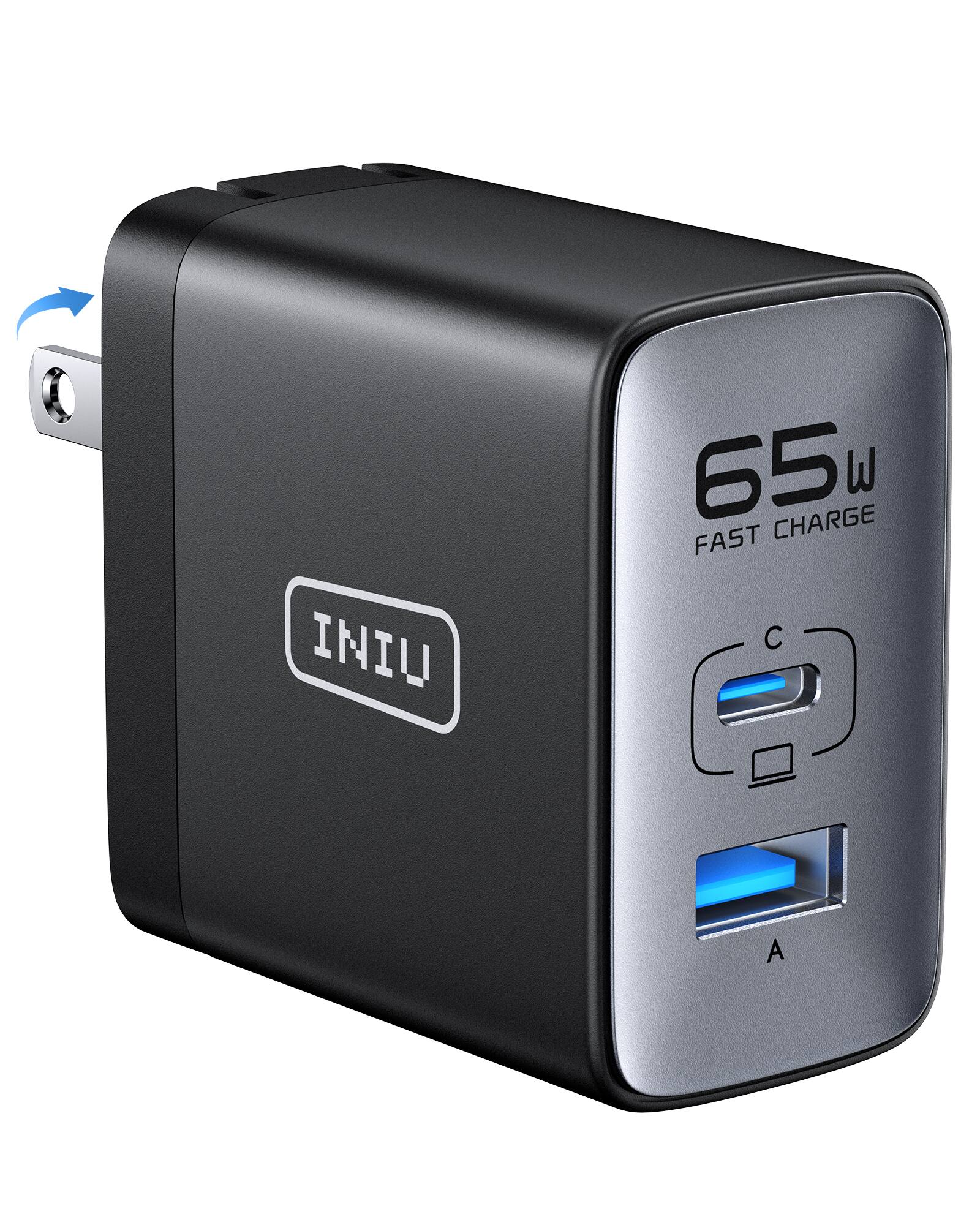 INIU - 65W USB C/A Wall Charger, GaN Fast Charge with Foldable Plug for iPhone 17 16 15 14 13 Samsung Laptops Tablets Earbuds - Black