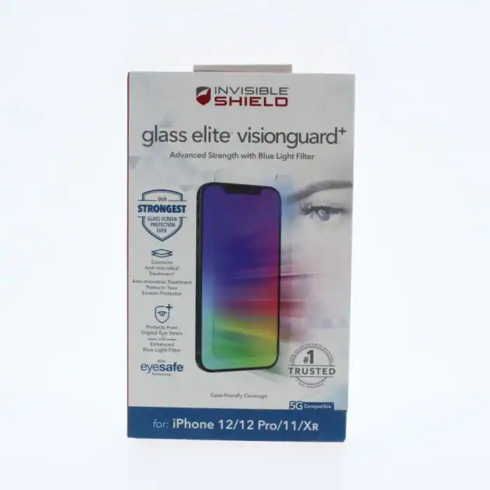 INVISIBLE SHIELD glass elite visionguard+ Advanced Strength with Blue Light Filter  
DUR STRONGEST GLASS SCREEN PROTECTION EVER  
Contains Anti-microbial Treatment  
Anti-microbial Treatment Protects Your Screen Protector  
Protects from Digital Eye Strain  
Enhanced Blue Light Filter  
eyesafe  
#1 TRUSTED  
Case-friendly Coverage  
5G Compatible  
for: iPhone 12/12 Pro/11/XR