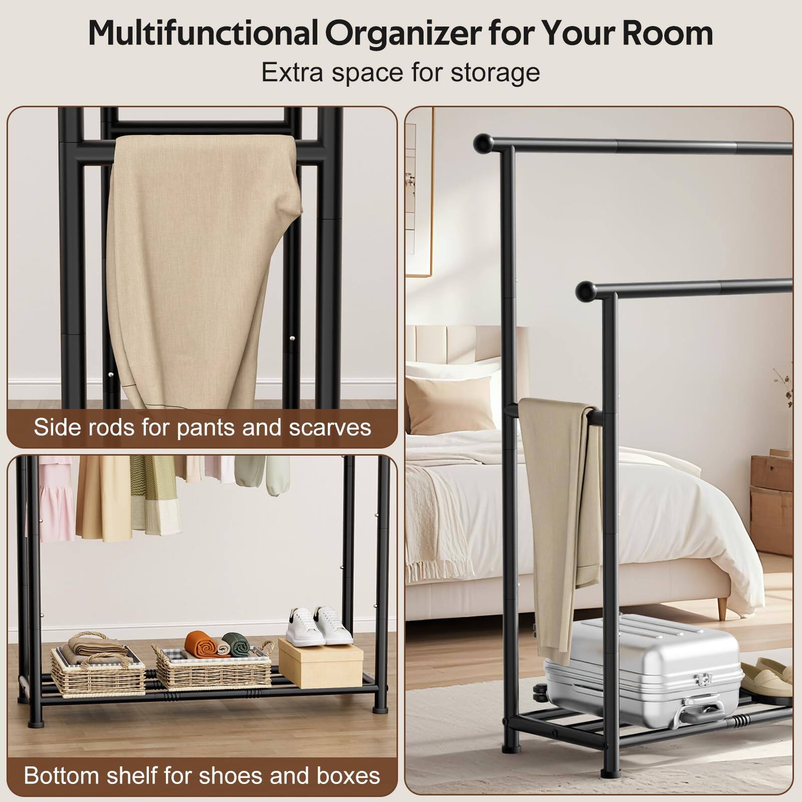 Multifunctional Organizer for Your Room  
Extra space for storage  

Side rods for pants and scarves  

Bottom shelf for shoes and boxes