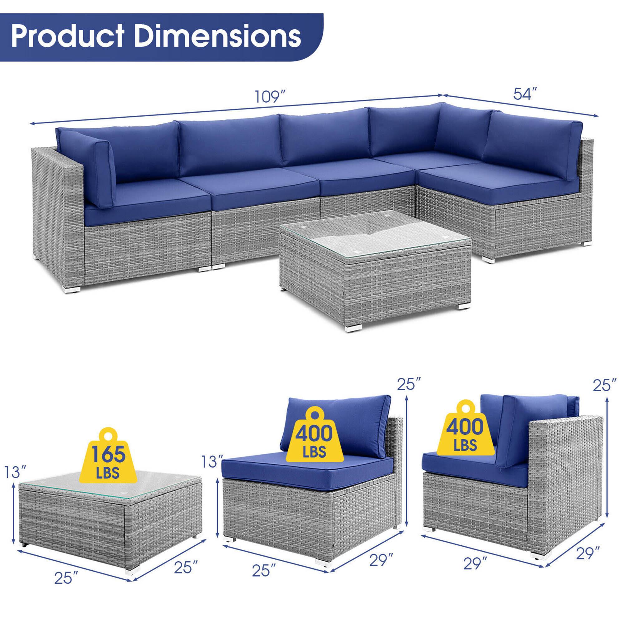 Product Dimensions

- 109" (Length of the sofa)
- 54" (Depth of the sofa)
- 25" (Height of the sofa)
- 13" (Height of the table)
- 165 LBS (Weight capacity of the table)
- 25" (Width of the table)
- 400 LBS (Weight capacity of each armchair)
- 25" (Width of each armchair)
- 29" (Depth of each armchair)