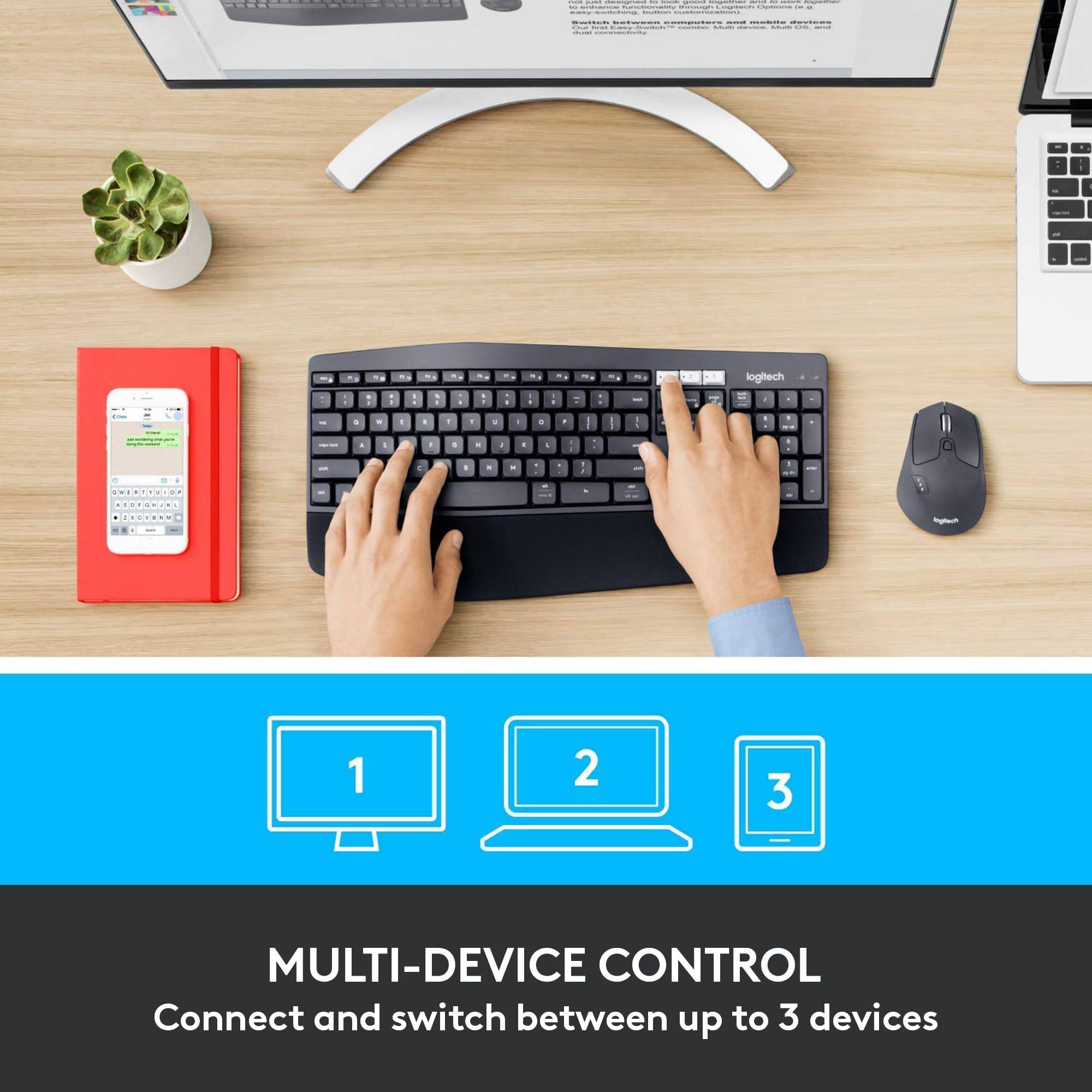 P: Logitech - I - 4 - % a - 1 + 1 2 3 MULTI-DEVICE CONTROL Connect and switch between up to 3 devices