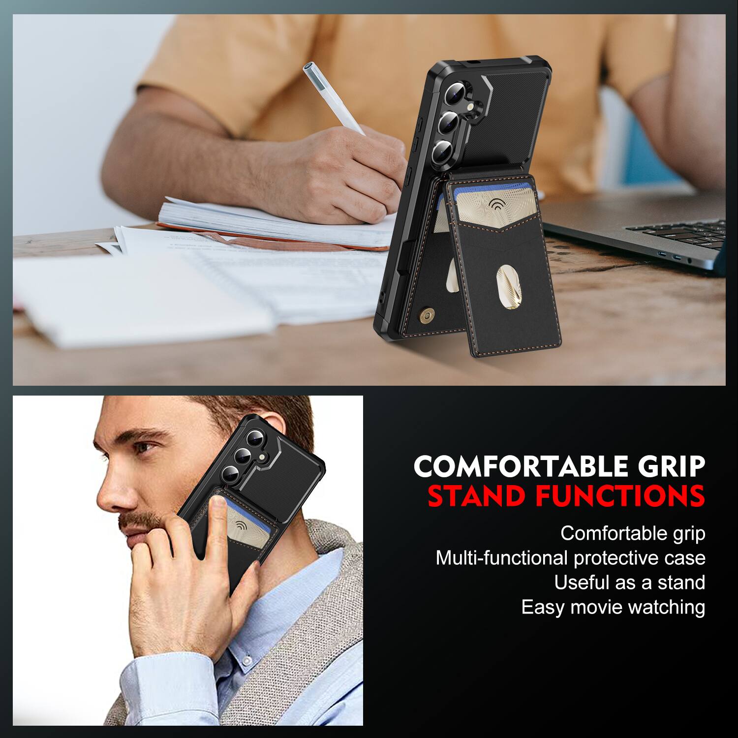 COMFORTABLE GRIP STAND FUNCTIONS

Comfortable grip
Multi-functional protective case
Useful as a stand
Easy movie watching