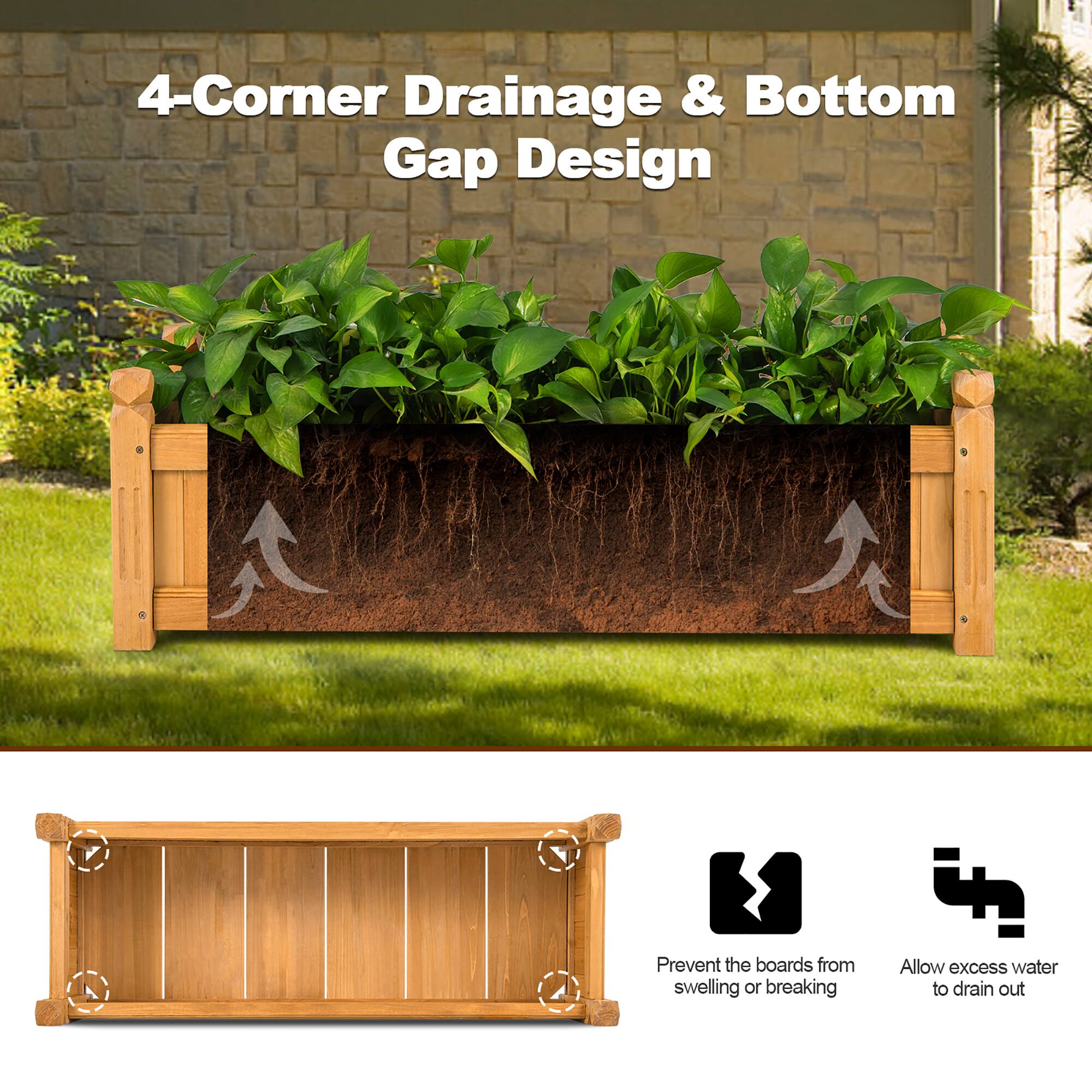 4-Corner Drainage & Bottom Gap Design: Prevent the boards from swelling or breaking by allowing excess water to drain out.