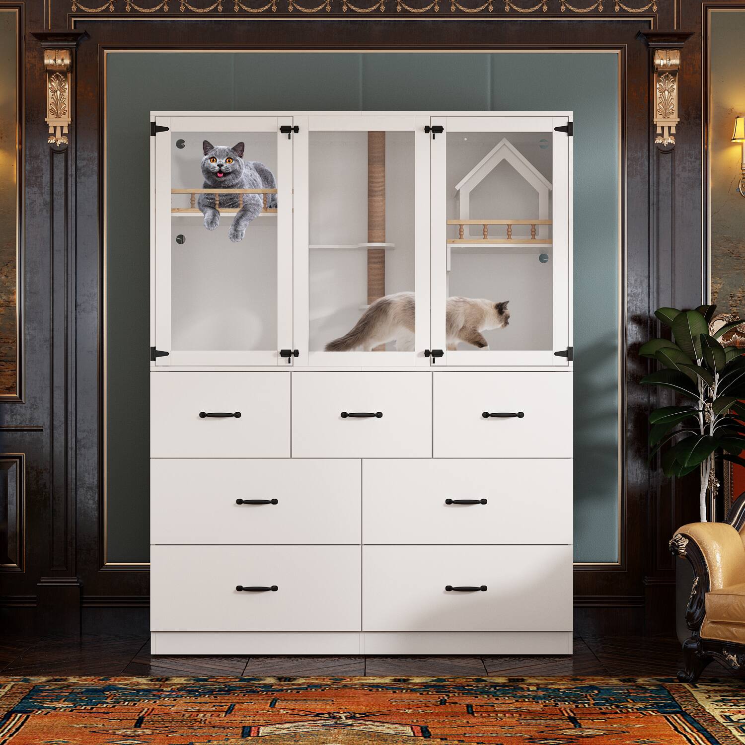 Back. Famapy - Large Multi-Level Cat Cabinet with Hidden Litter Box, Climbing Tower, Scratching Posts & Storage Luxury Cat Furniture.