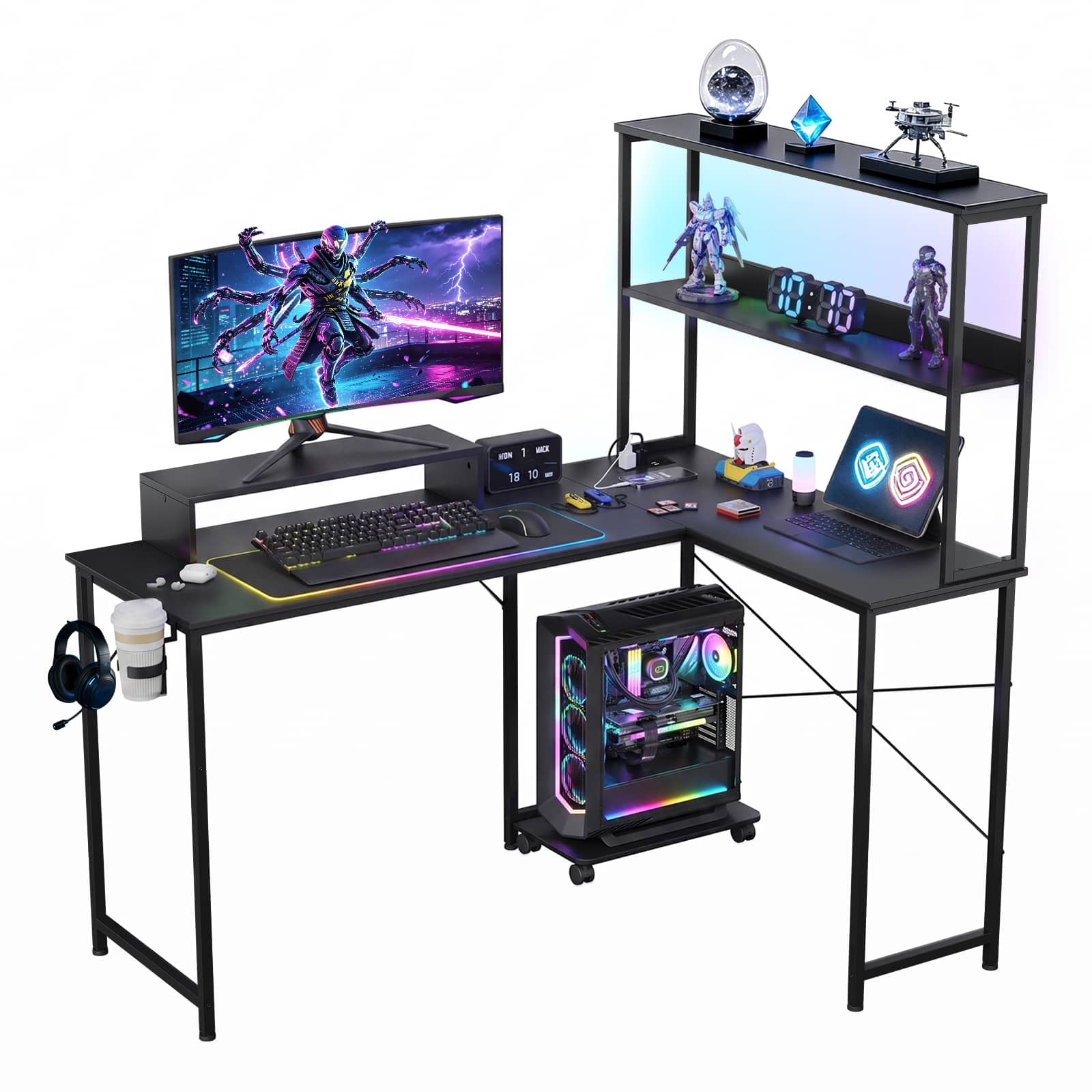 GTPlayer - RGB Gaming Desk Reversible Computer Desk with LED Lights,Hooks and Cup Holder - Black-009