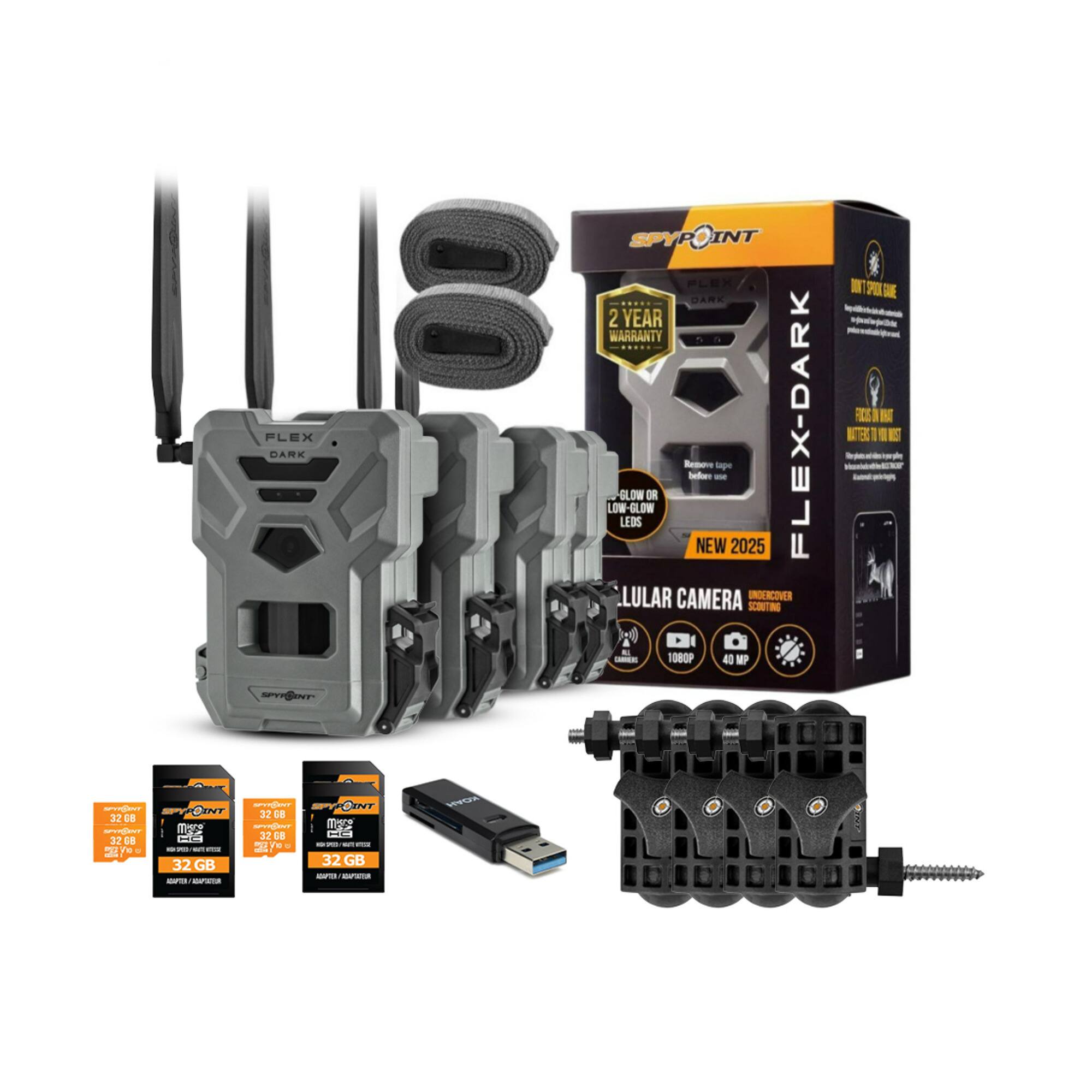 FLEX DARK SPYPOINT FLEX-X DARK  
2 YEAR WARRANTY  
LOW-GLOW LEDS  
NEW 2025  
LULAR CAMERA  
UNDERCOVER SCOUTING  
1080P  
40 MP  
32 GB  
SLOW OR LOW-GLOW  
CELLULAR CAMERA  
40 MP  
1080P  
32 GB  
32 GB