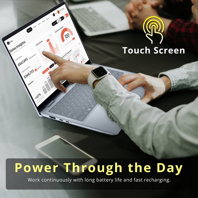 - Volume Customers: 120
- Sales Insights
  - Total Sales: $567,892
  - Total Purchases: $365,723
- Statistics
  - +67%
- Touch Screen
- Power Through the Day
  - Work continuously with long battery life and fast recharging.