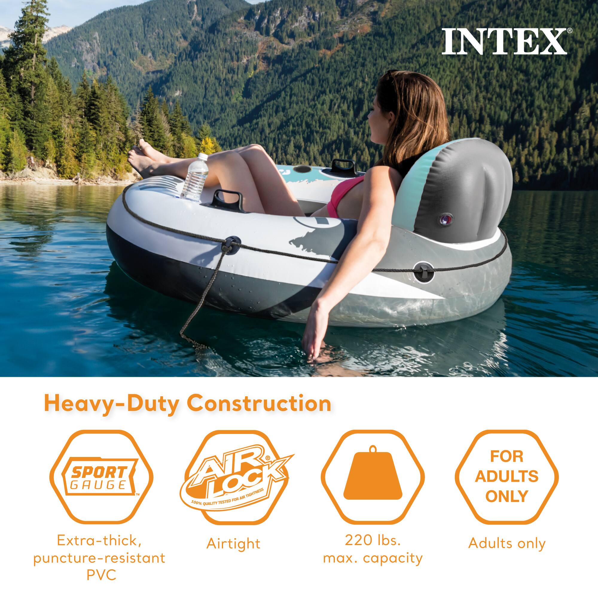 INTEX Heavy-Duty Construction GAUGE SPORT AIR LOCK - JaPs FOR ADULTS ONLY Extra-thick, Airtight puncture-resistant PVC 220 lbs. max. capacity Adults only