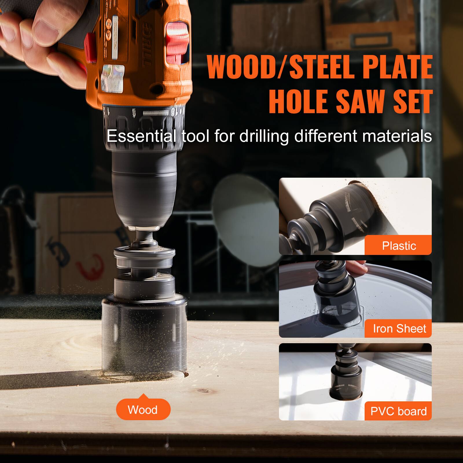 WOOD/STEEL PLATE HOLE SAW SET  
Essential tool for drilling different materials  

- Wood  
- Plastic  
- Iron Sheet  
- PVC board