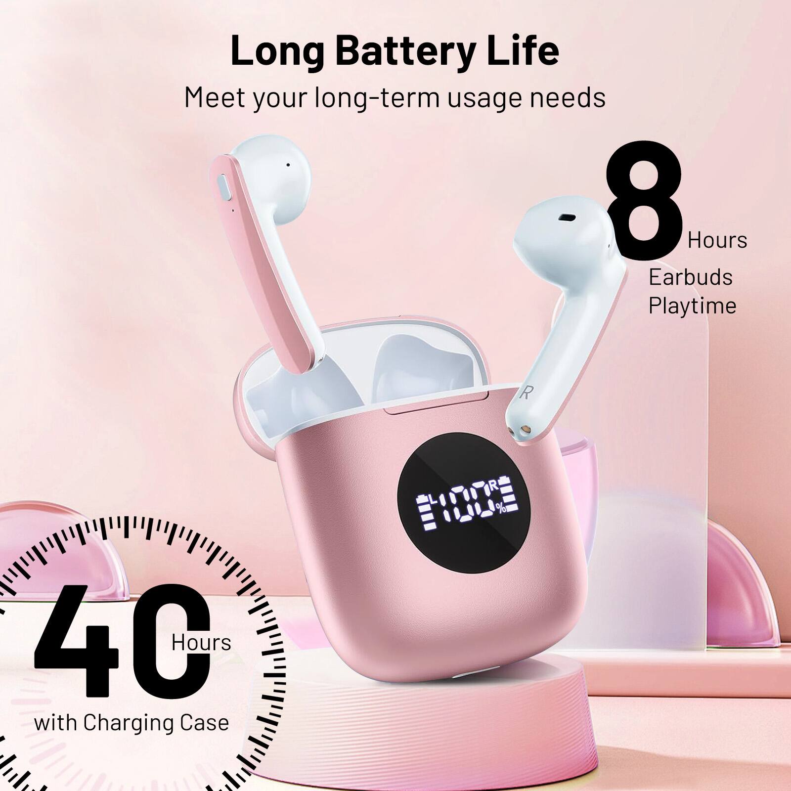 Long Battery Life
Meet your long-term usage needs
8 Hours Earbuds Playtime
40 Hours with Charging Case