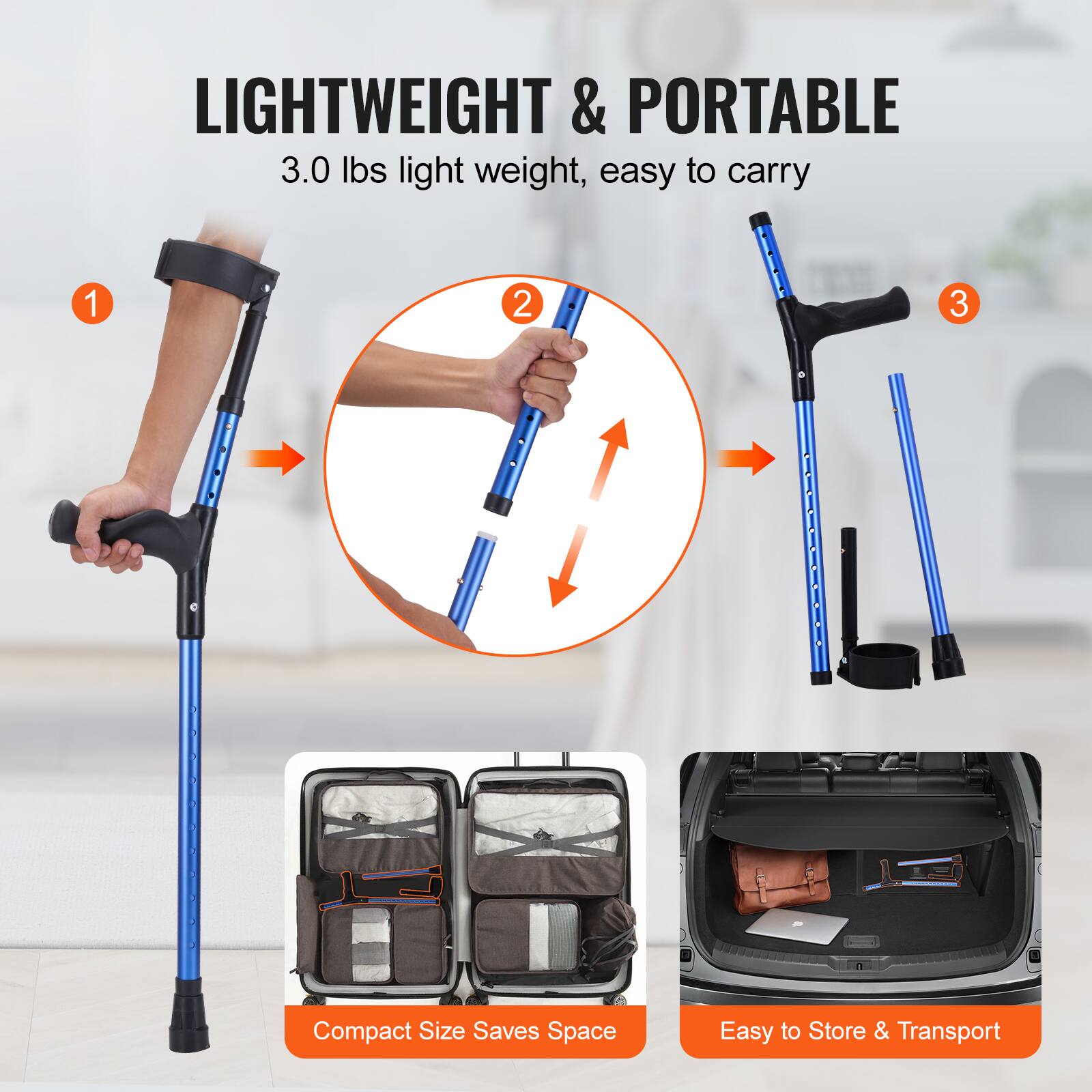 LIGHTWEIGHT & PORTABLE  
3.0 lbs light weight, easy to carry  

1  
2  
3  

Compact Size Saves Space  
Easy to Store & Transport