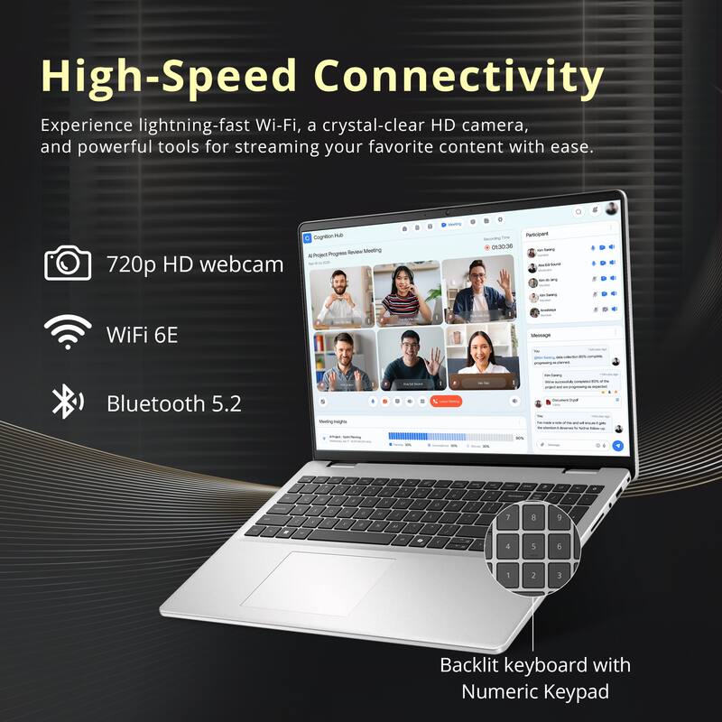 High-Speed Connectivity  
Experience lightning-fast Wi-Fi, a crystal-clear HD camera, and powerful tools for streaming your favorite content with ease.

- 720p HD webcam
- WiFi 6E
- Bluetooth 5.2
- Backlit keyboard with Numeric Keypad