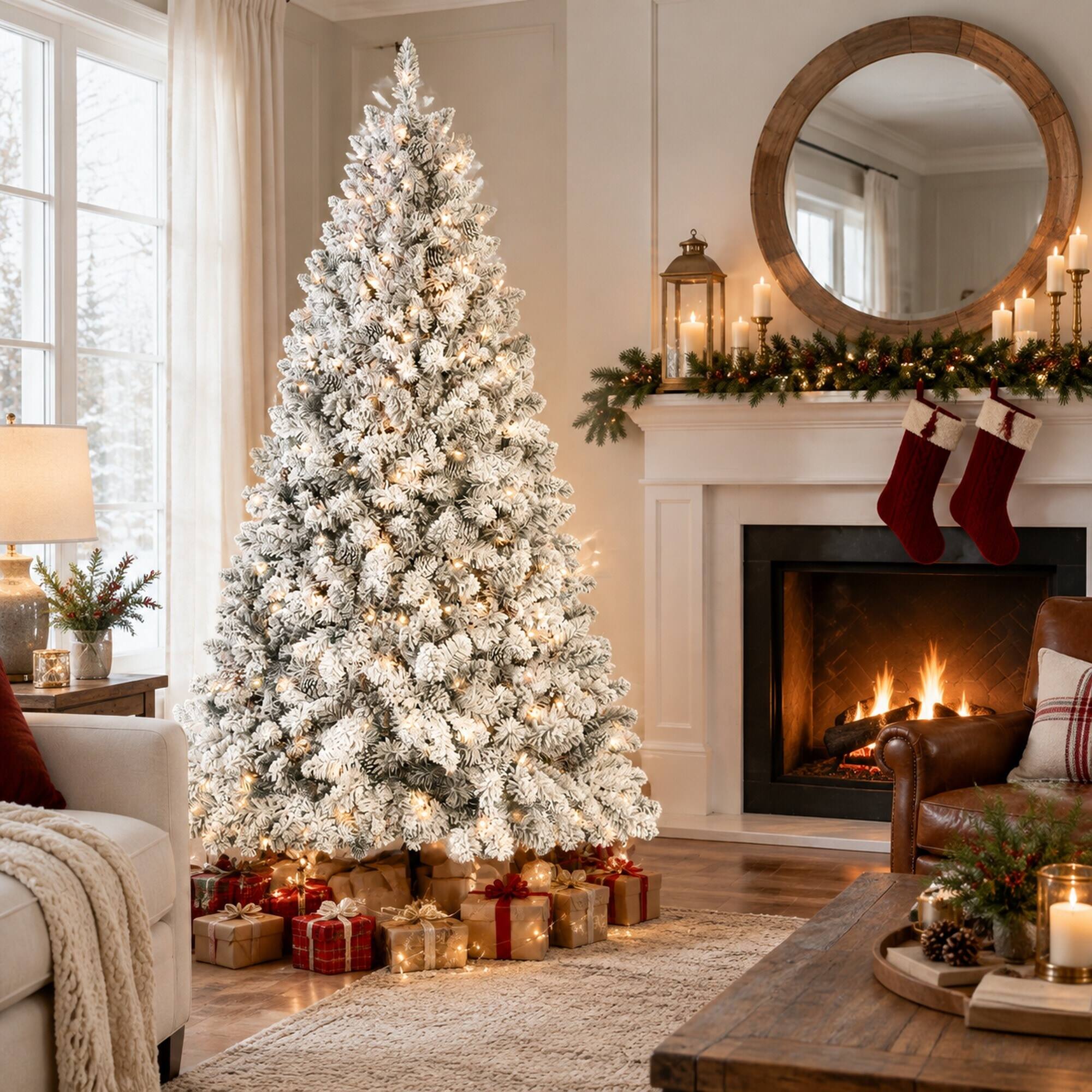 Angle. RYHNUYNE - 9 Ft Flocked Snowy Artificial Christmas Tree With 850 Warm Lights, 63 Pine Cones 2240 Tips Metal Stand Decor - Green,White.