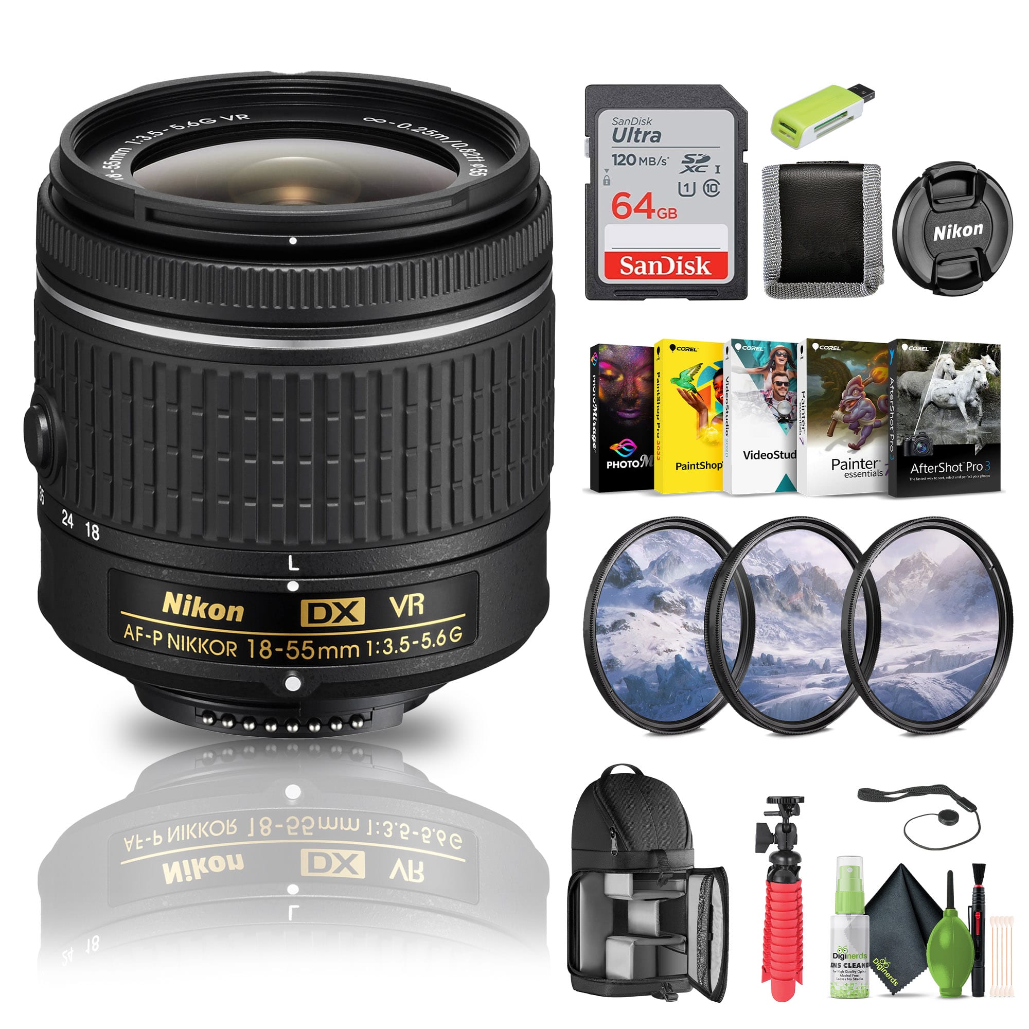 Nikon - AF-P DX NIKKOR 18-55mm f/3.5-5.6G VR Zoom Lens for APS-C F-mount cameras - Bundle (International Version)