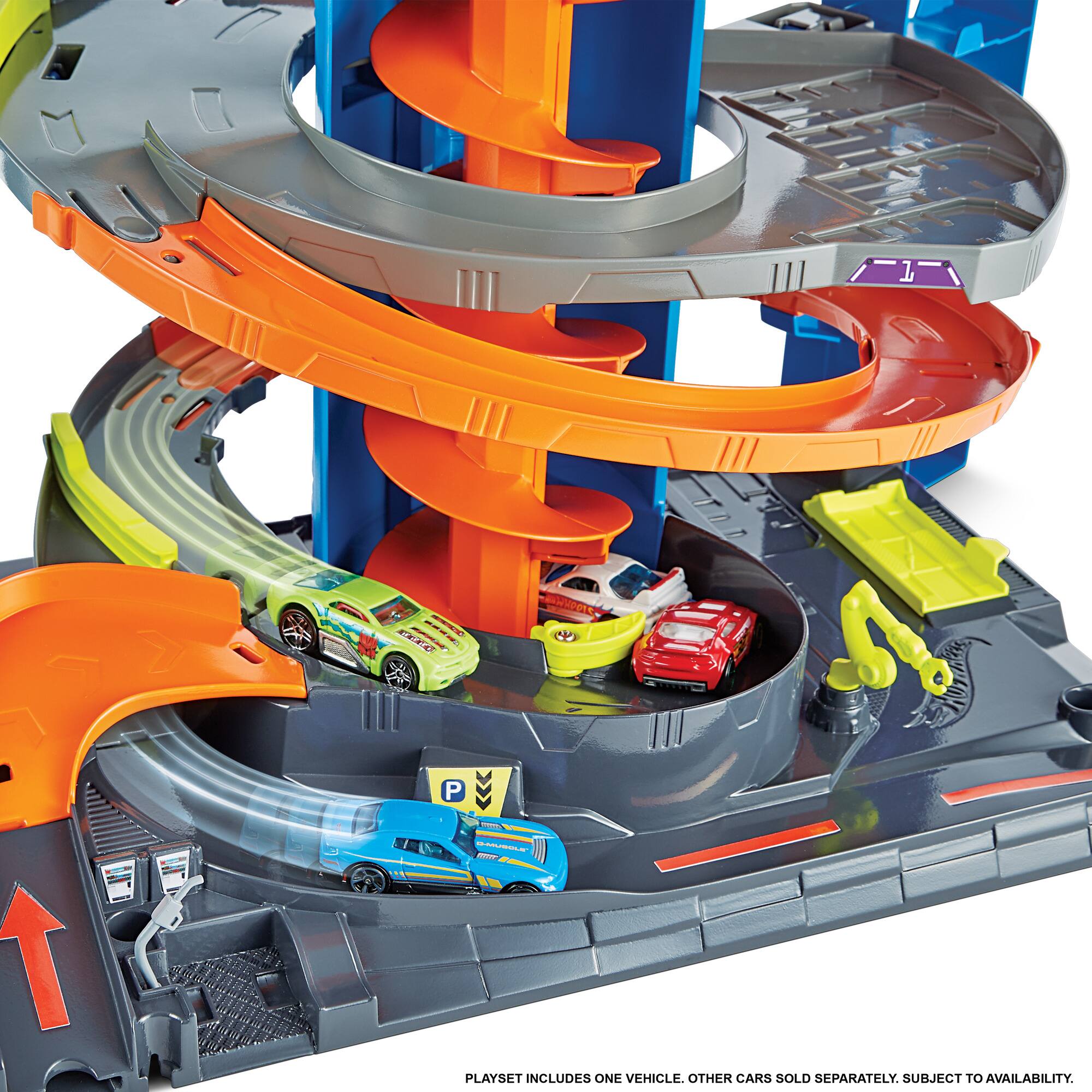 The playset includes one vehicle and other cars are sold separately. The playset is subject to availability.