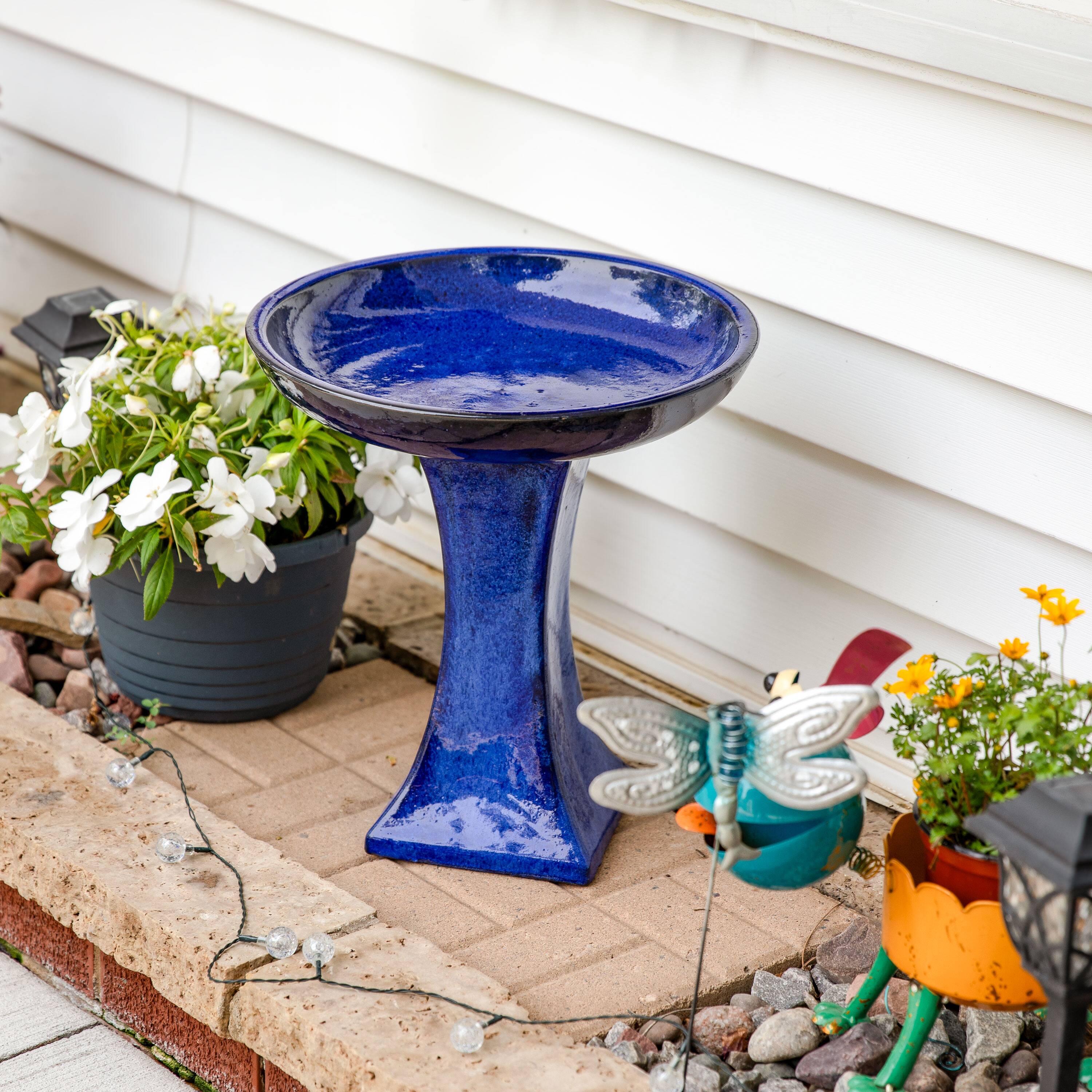 Alt View 2. Sunnydaze - Nantes Ceramic Bird Bath - 16" H - Blue.