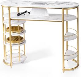 Winado - Professional Manicure Table with Built-in Dust Collector & Rolling Trolley, Modern Nail Station for Salon - White Marbling