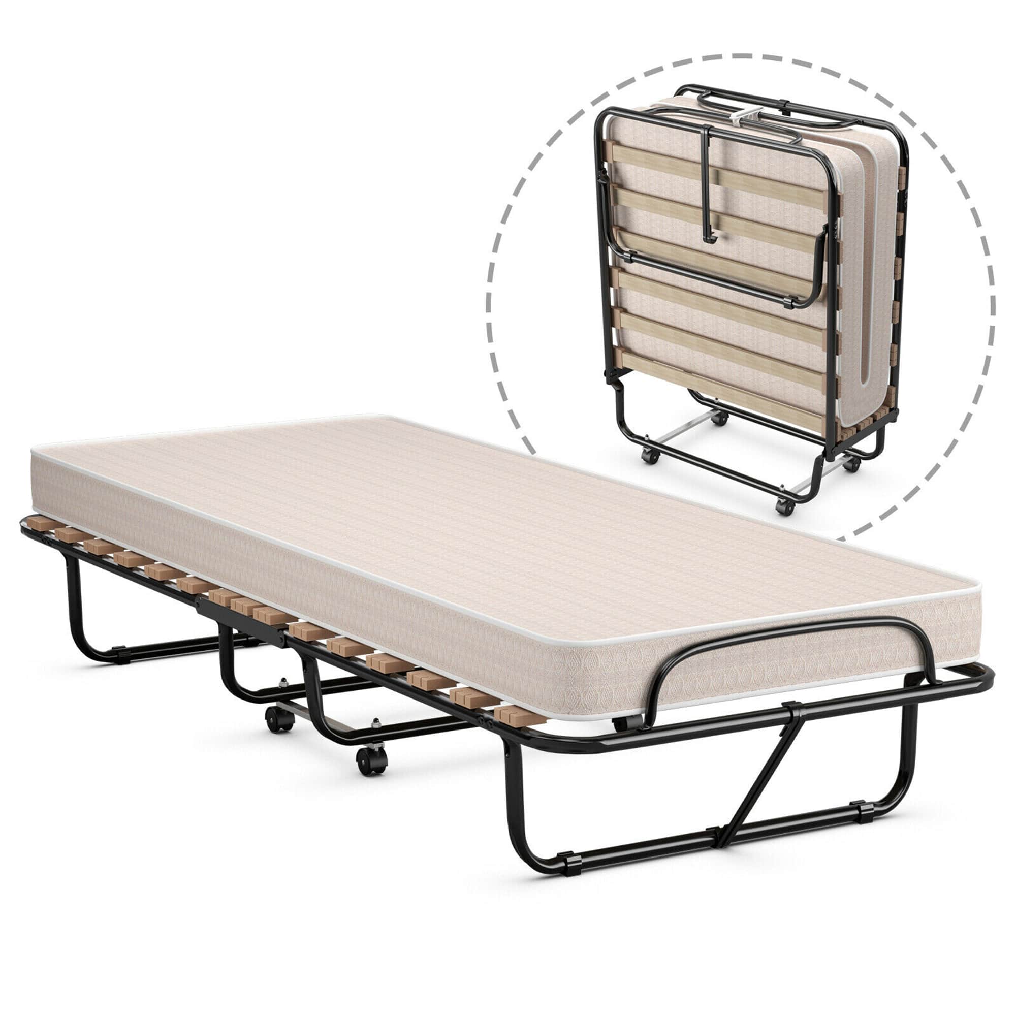 Costway - Folding Bed Rollaway Extra Guest W/ Memory Foam Mattress Made in Italy - Beige