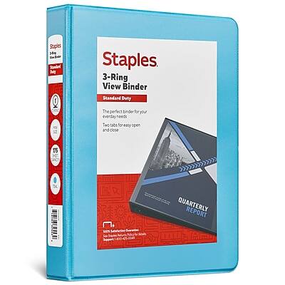 Staples  
3-Ring View Binder  
Standard Duty  

The perfect binder for your everyday needs.  
Two tabs for easy open and close.  

QUARTERLY REPORT  

Staples  
Staples  
Staples