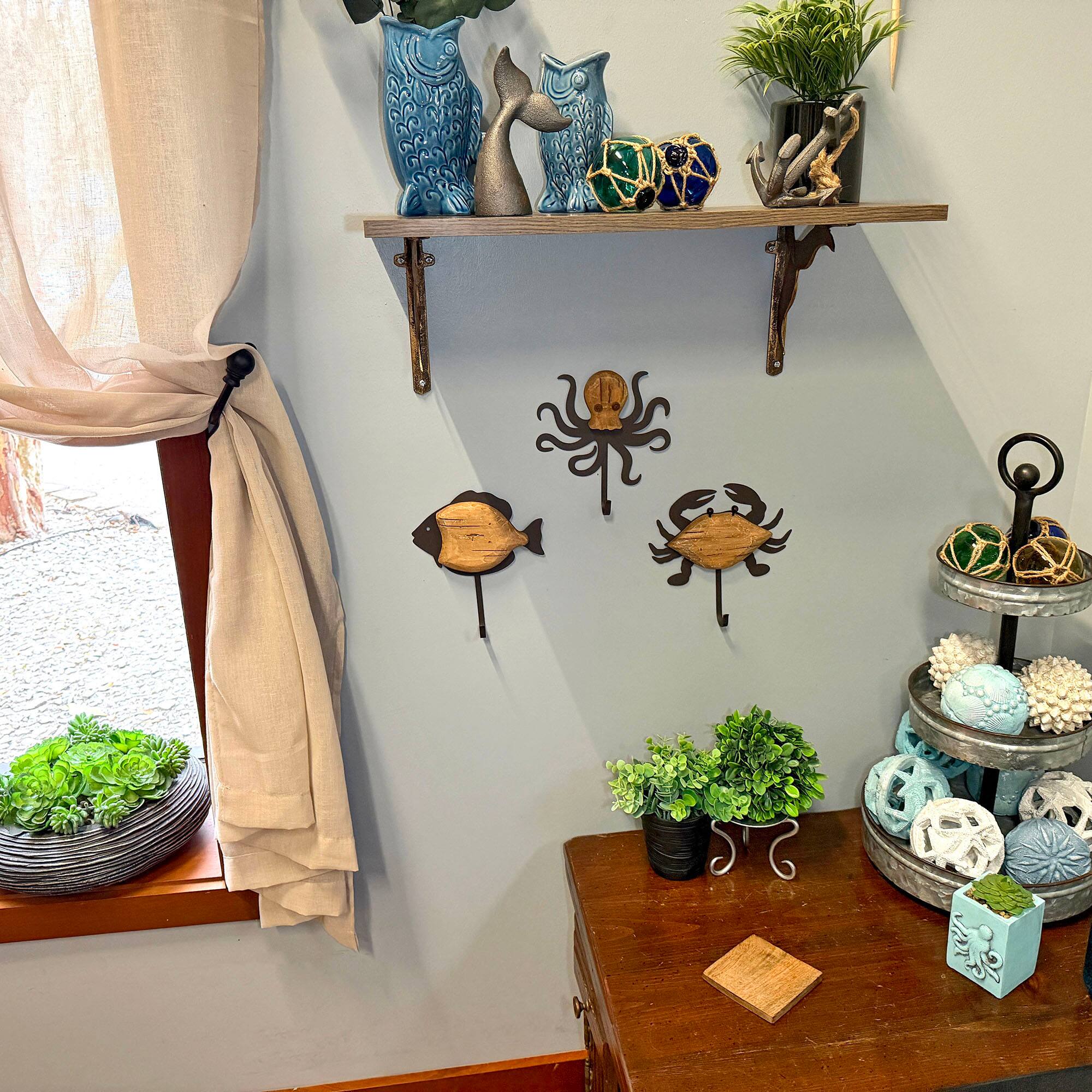 Alt View 4. Things2Die4 - Set of 3 Nautical Wood and Metal Decorative Wall Hooks Fish Crab Octopus - Brown.