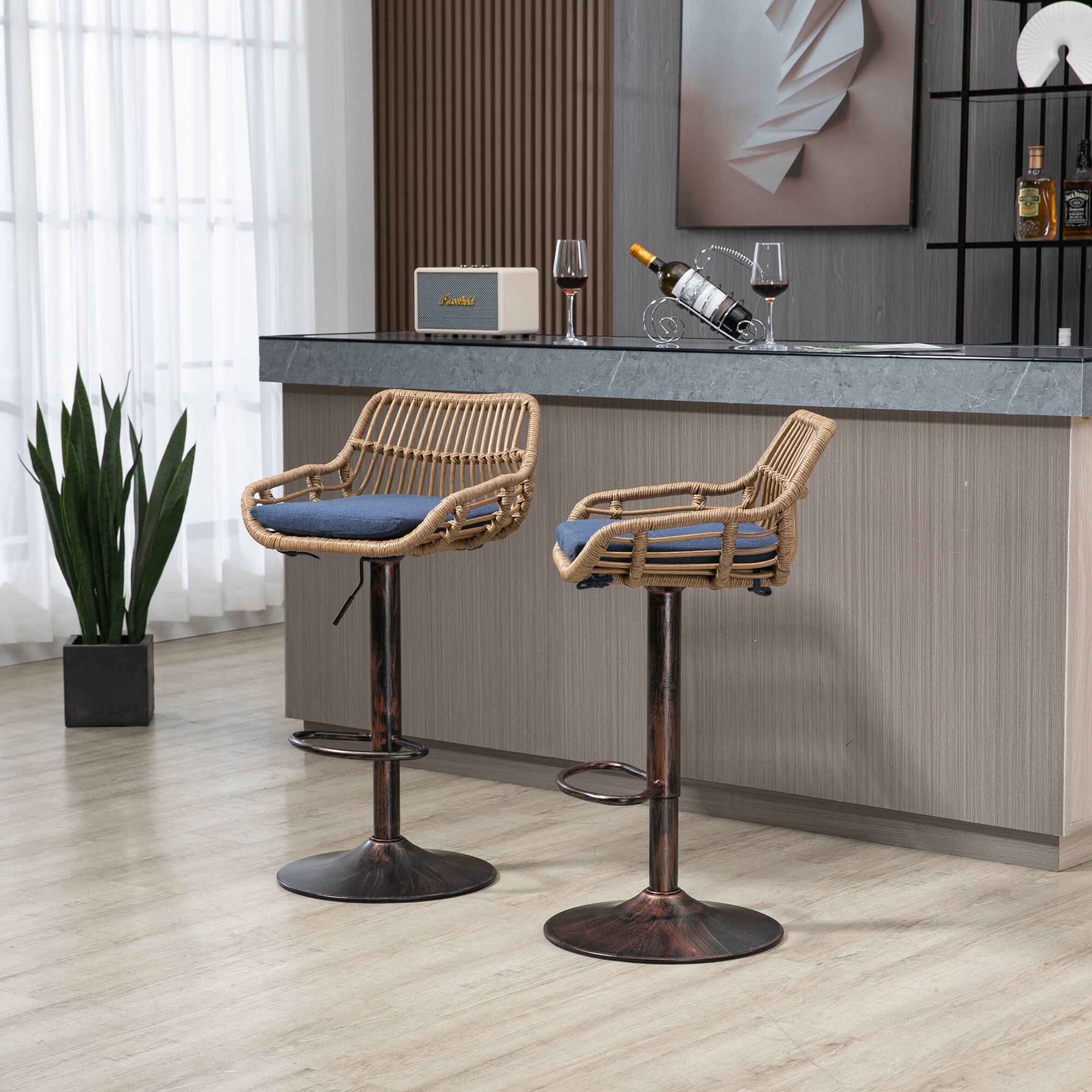 Angle. Trinkets Crazed - Rattan Bar Stools Set of 2, Adjustable Barstools with Linen Cushion, 360° Swivel Bar Stool for Kitchen and Bar - Blue.