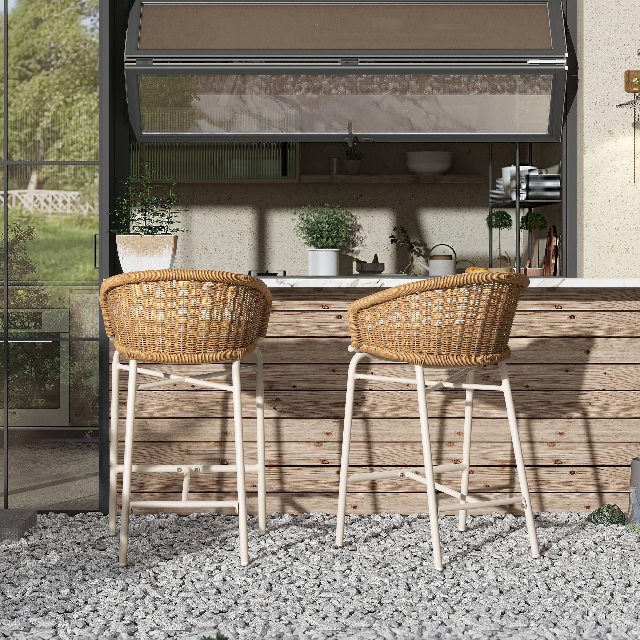 Angle. Mondawe - Set of 2 Wicker Back Outdoor Bar Stool - Beige.