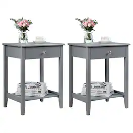 Gymax - 2PCS Nightstand Sofa Side End Table Bedroom Living Room w/ Shelf Drawer Grey - Gray