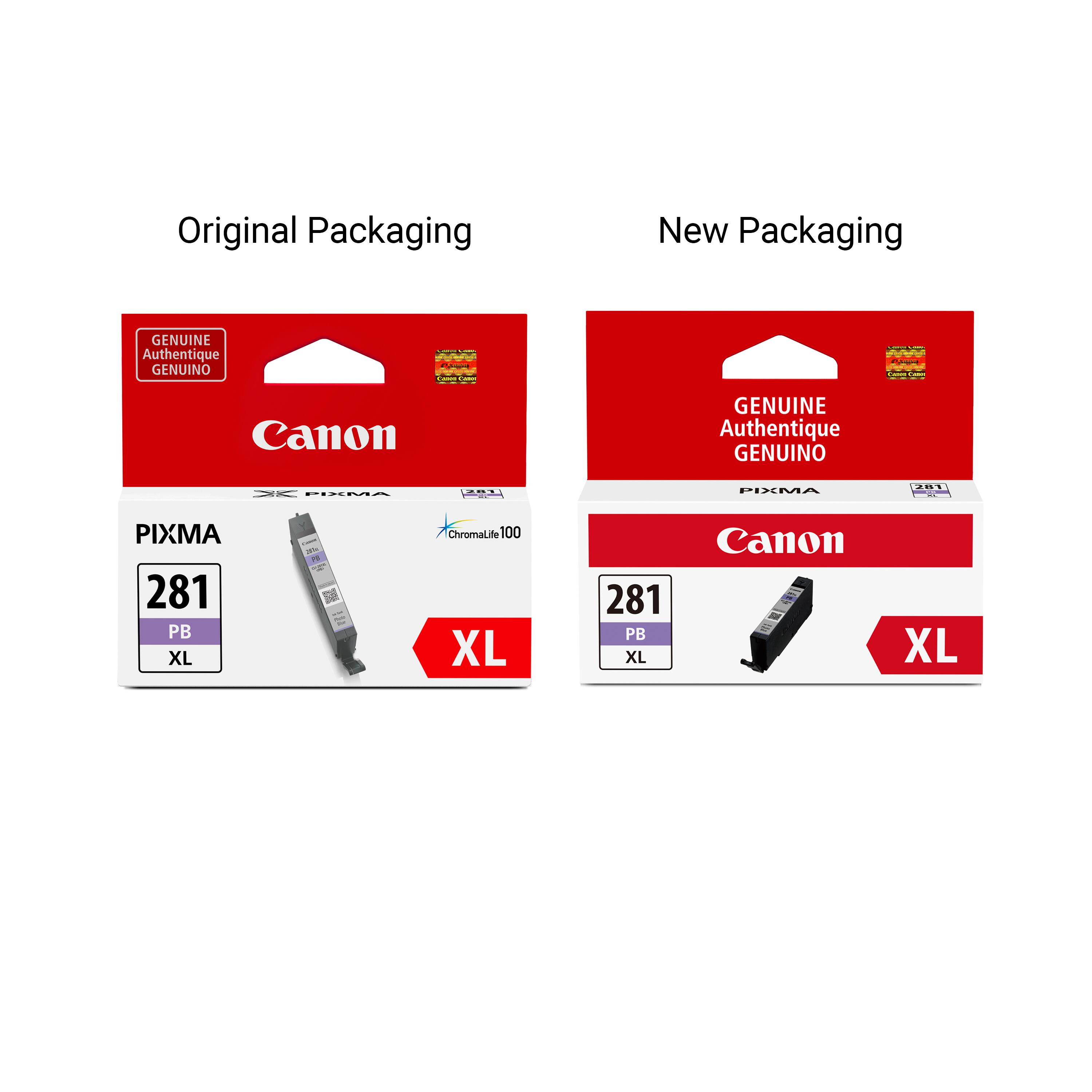 Original Packaging  
New Packaging  

GENUINE Authentique GENUINO  
Canon  

PIXMA  
281 PB XL  
ChromaLife100  

281 PB XL
