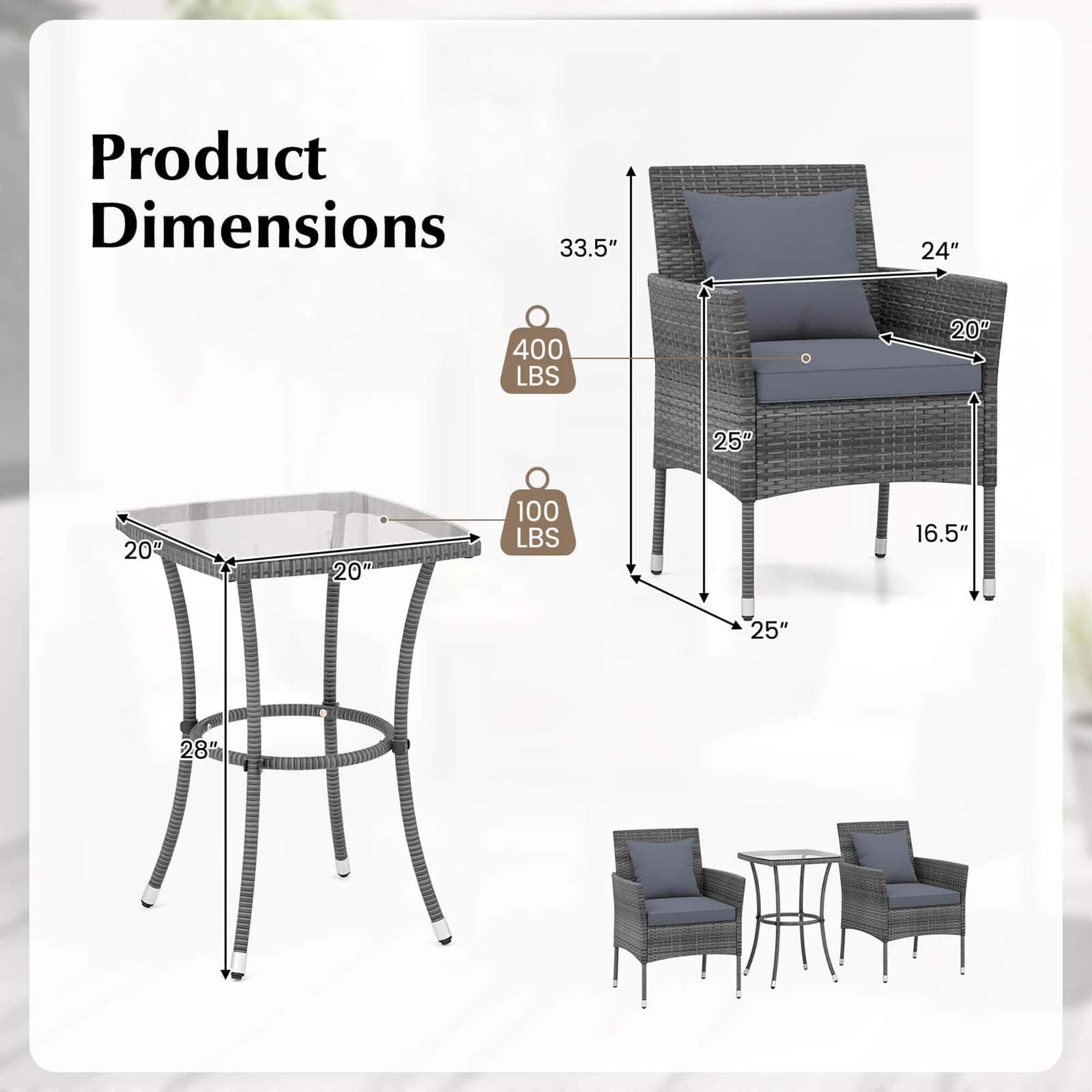 Product Dimensions:
- Table: 33.5" x 24" x 400 LBS
- Chair: 20" x 25" x 20" x 20" x 20" x 100 LBS
- Side Table: 16.5" x 25" x 28"