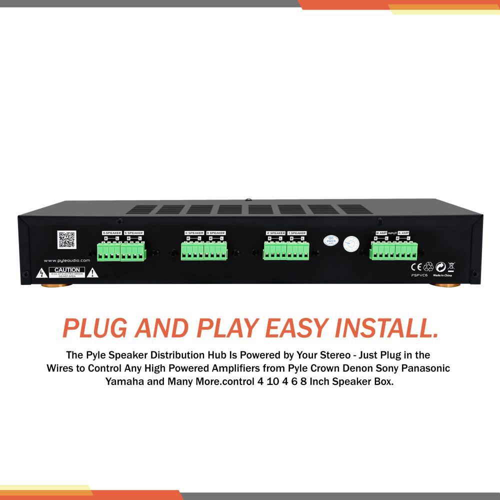 PLUG AND PLAY EASY INSTALL.

The Pyle Speaker Distribution Hub Is Powered by Your Stereo - Just Plug in the Wires to Control Any High Powered Amplifiers from Pyle Crown Denon Sony Panasonic Yamaha and Many More. control 4 10 4 6 8 Inch Speaker Box.