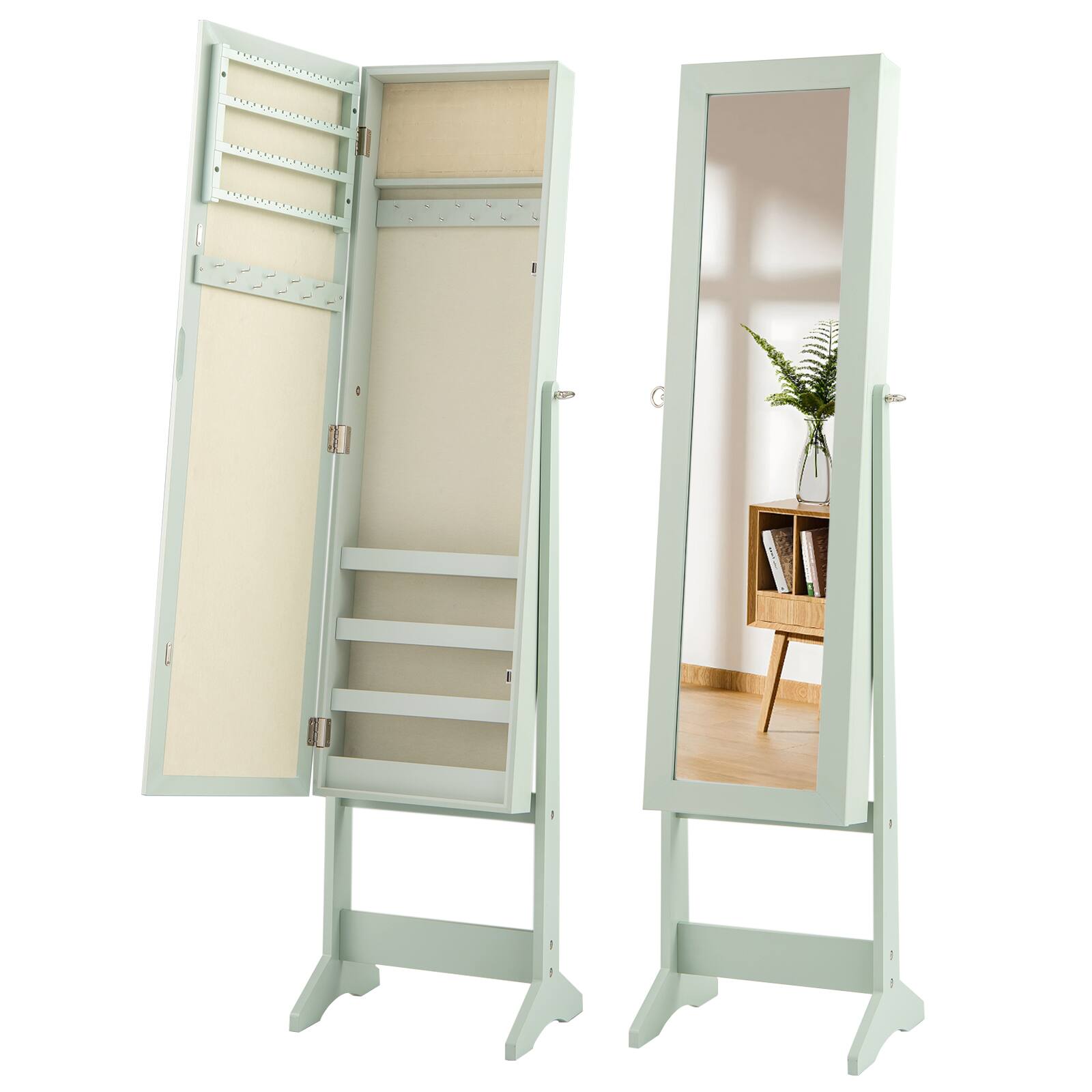 Alt View 8. Gymax - Gymax Mirrored Jewelry Armoire Standing Jewelry Cabinet w/ Full-Length Mirror Inner Makeup Mirror - Green.