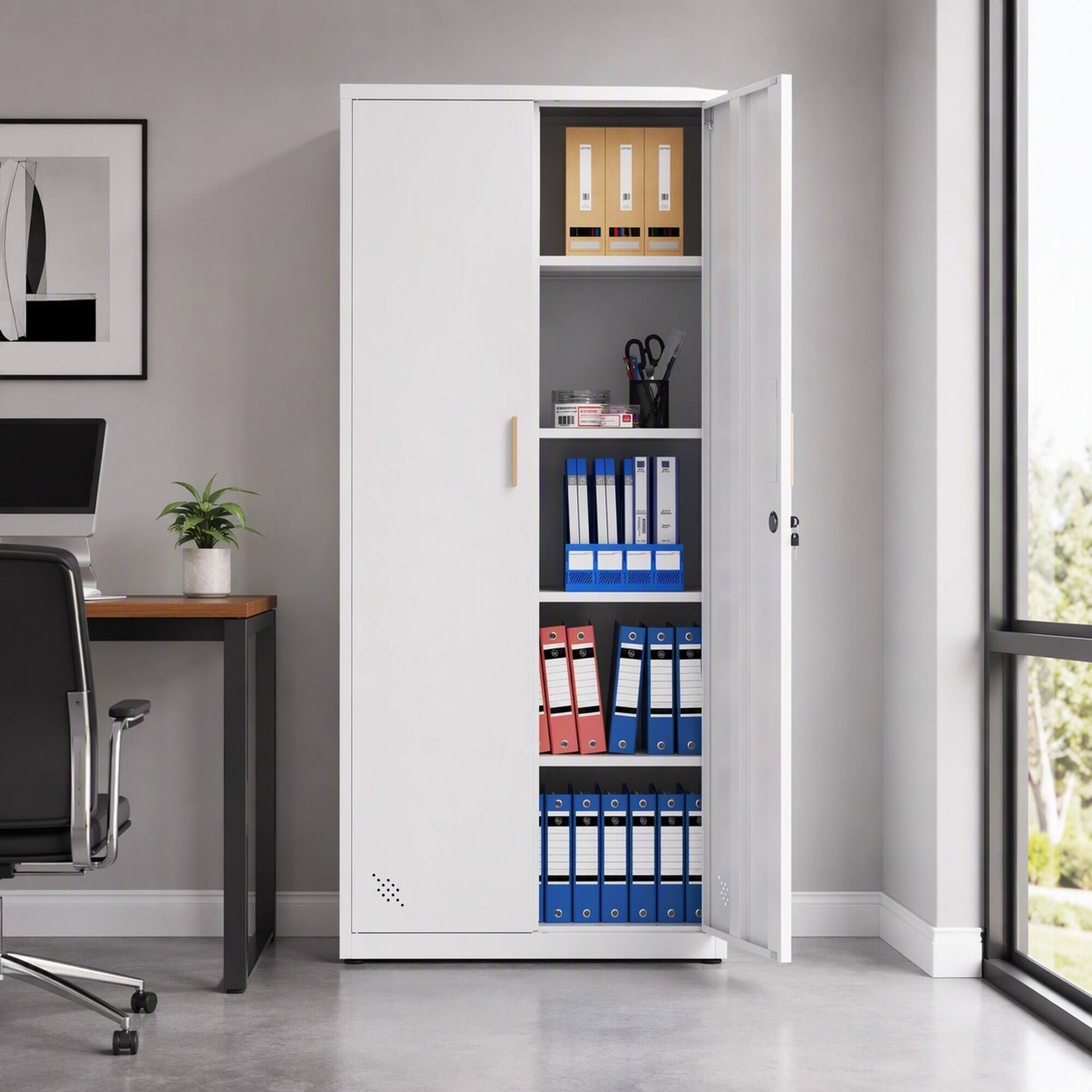Left. RYHNUYNE - 72 in High Steel Storage Cabinet with 2 Doors and 4 Adjustable Shelves, Lockable Metal Cabinet with 5 Storage Spaces - White.