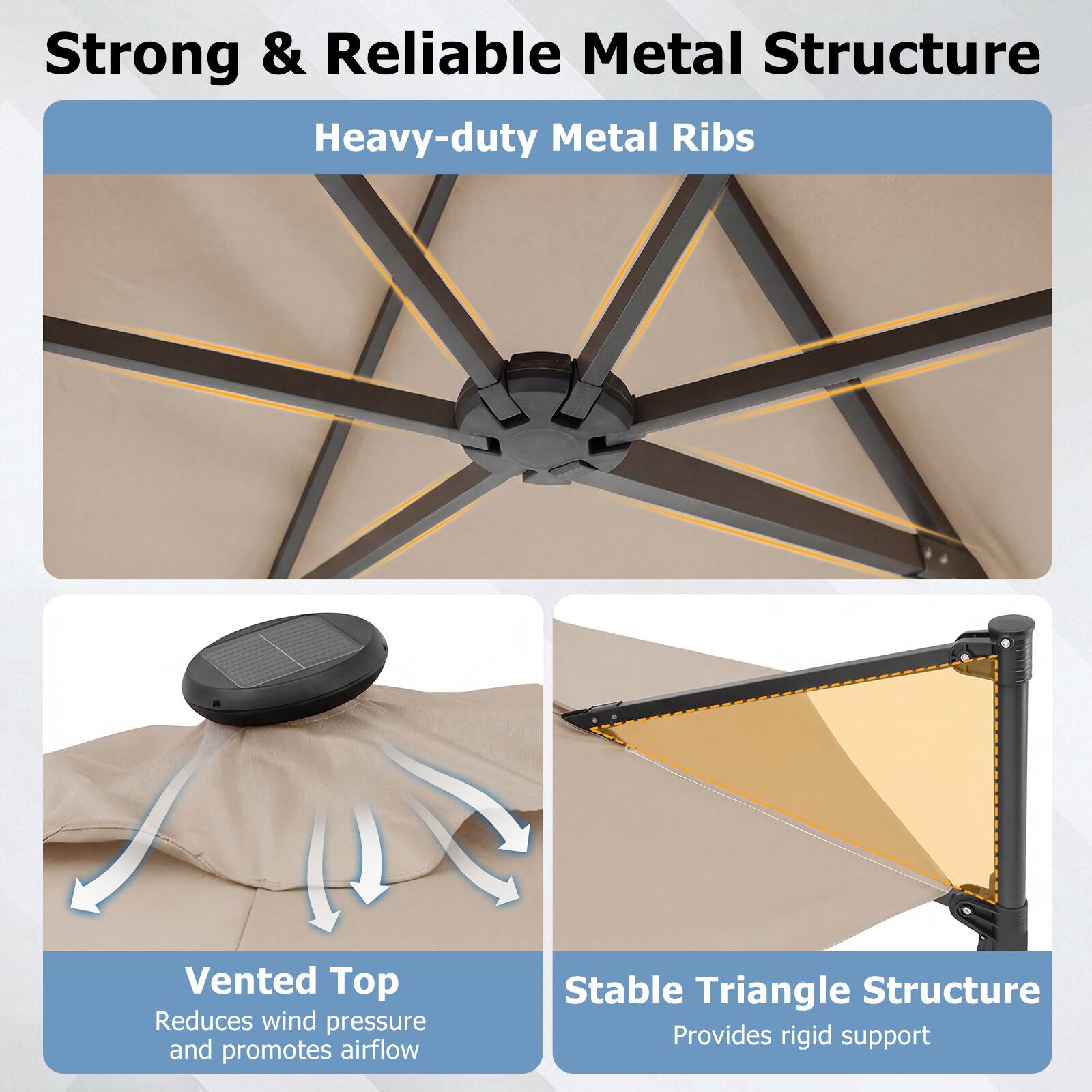 Strong & Reliable Metal Structure  
Heavy-duty Metal Ribs  

Vented Top  
Reduces wind pressure and promotes airflow  

Stable Triangle Structure  
Provides rigid support