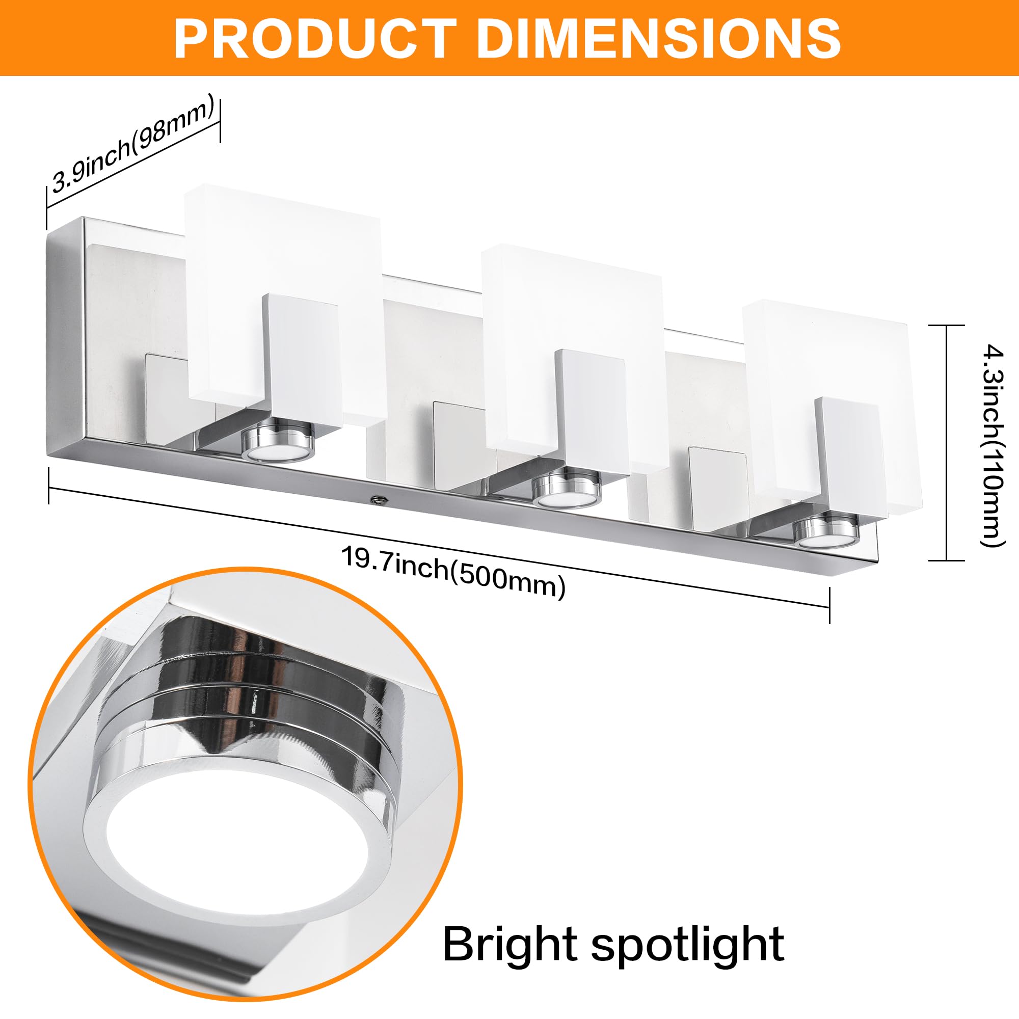 PRODUCT DIMENSIONS

- 3.9 inch (98 mm)
- 19.7 inch (500 mm)
- 4.3 inch (110 mm)

Bright spotlight