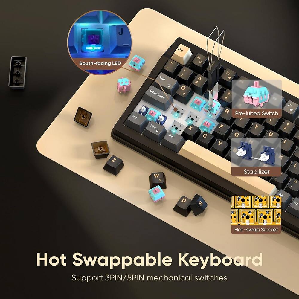 - South-facing LED
- Pre-lubed Switch
- Stabilizer
- Hot-swap Socket
- Hot Swappable Keyboard
- Support 3PIN/5PIN mechanical switches