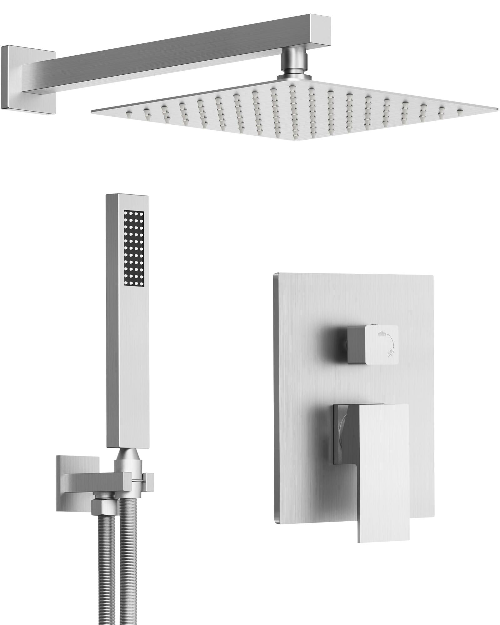 Front. GRANDJOY - 10" Wall Mount Shower Faucet System with Rainfall Shower Head, and Handheld Sprayer for Bathroom Use - Brushed Nickel.