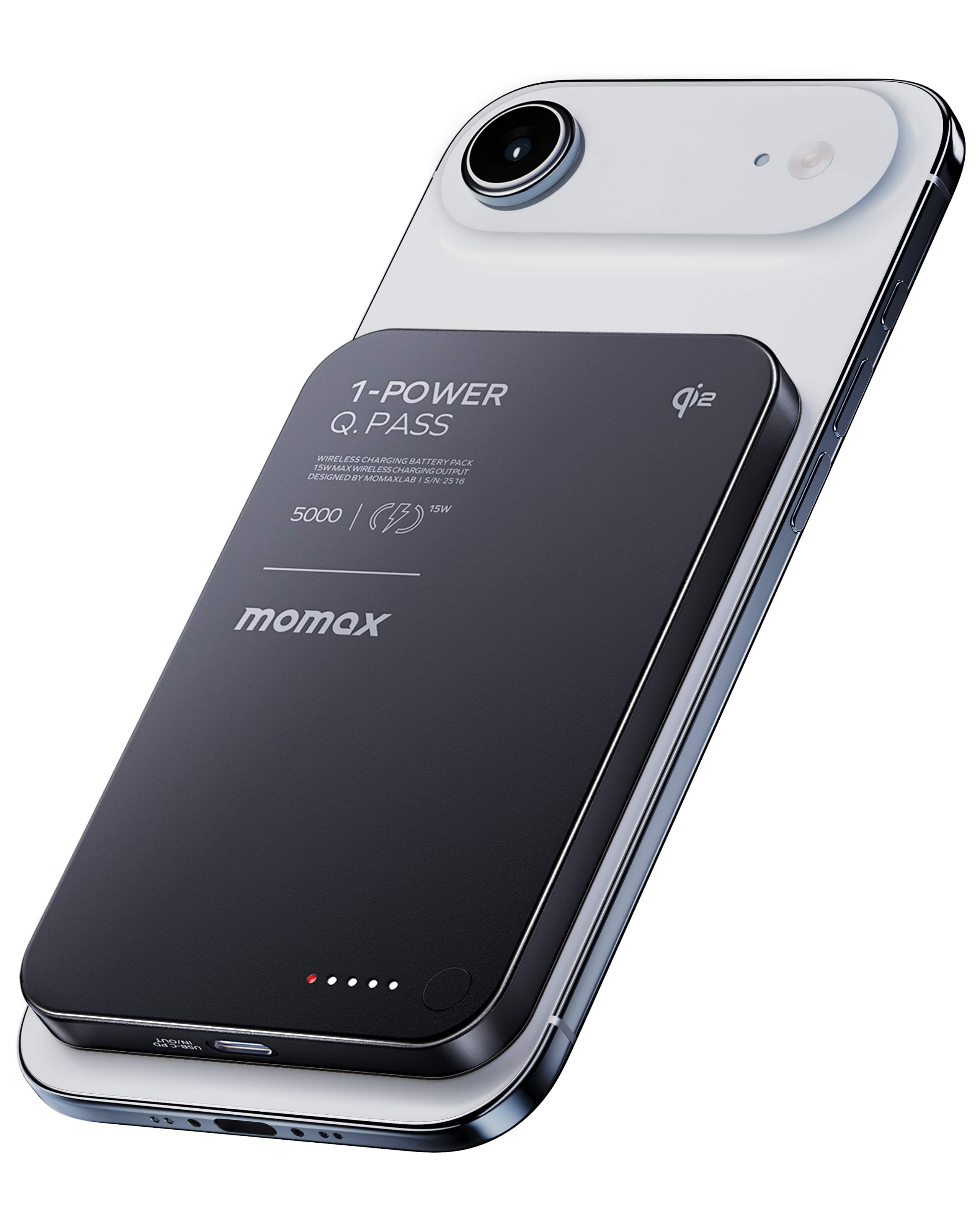 Momax - 1-Power Q.Pass Qi2 Magnetic Wireless Power Bank 5000mAh, 15W Fast Charging and PD 20W USB C Port - Black