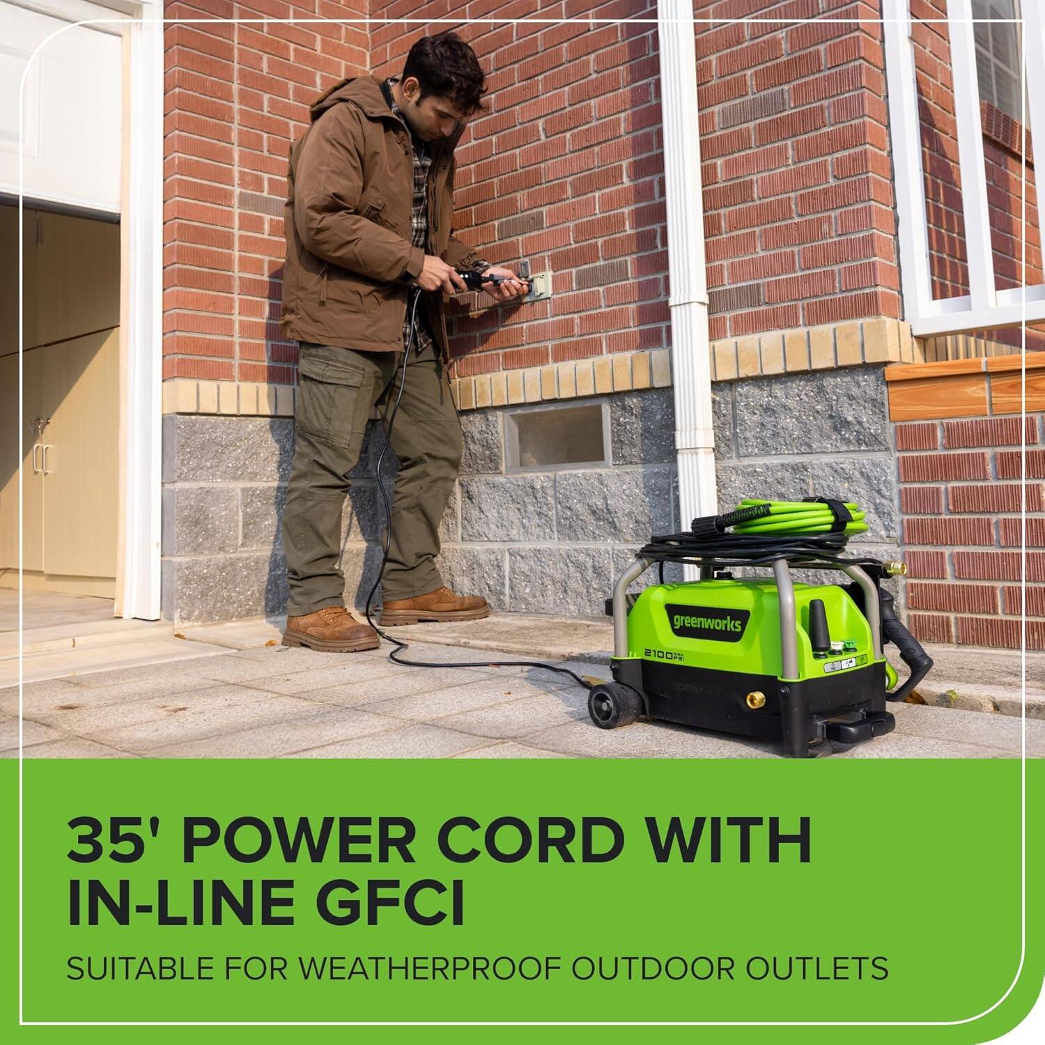 greenworks a #100 35' POWER CORD WITH IN-LINE GFCI SUITABLE FOR WEATHERPROOF OUTDOOR OUTLETS
