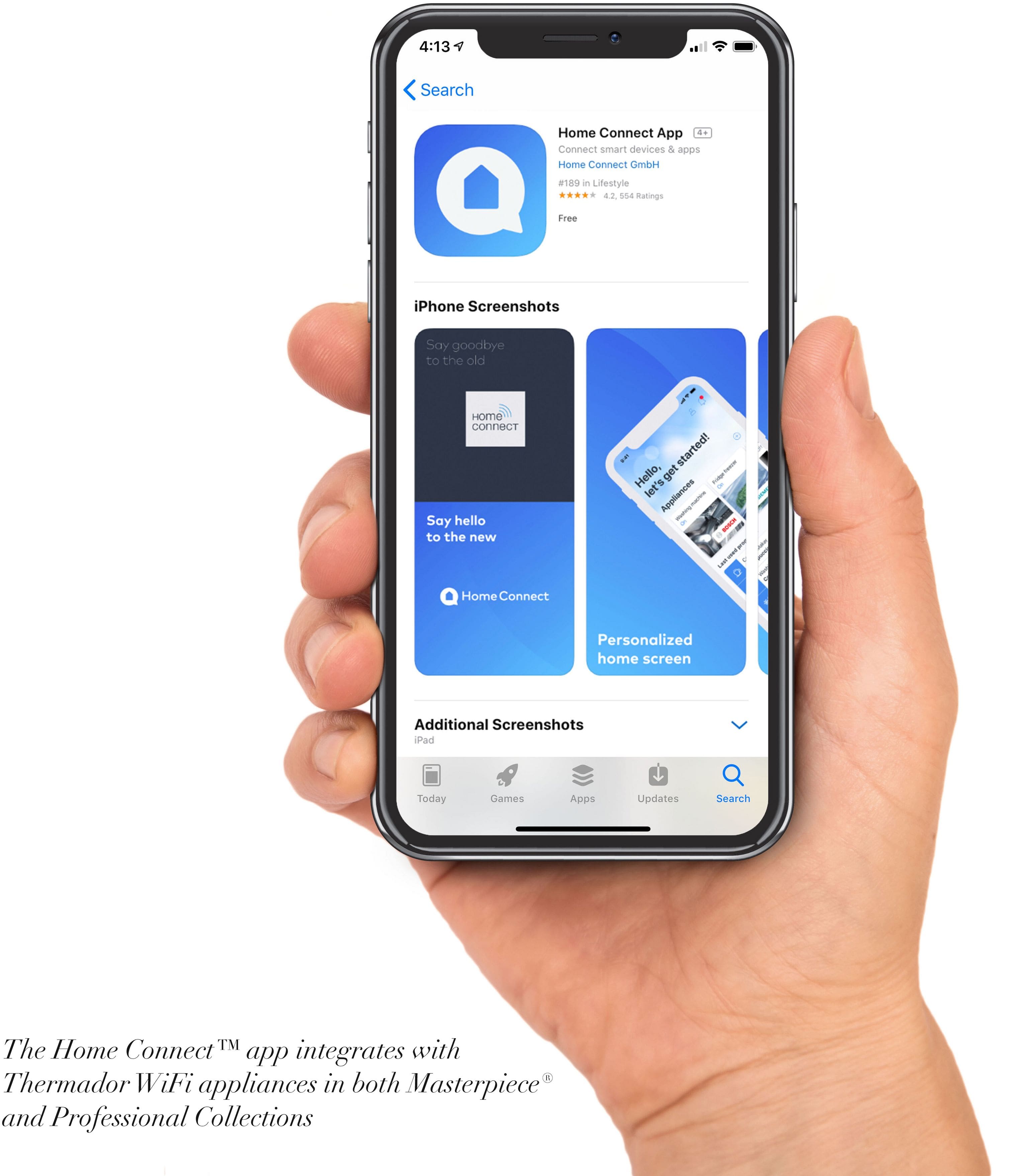 The Home Connect app integrates Thermador WiFi appliances in both Masterpiece and Professional Collections. It allows users to control and monitor their appliances through a personalized home screen, which can be accessed through the iPhone. The app also provides additional screenshots and features, making it a convenient and user-friendly tool for managing smart devices and apps in the home.