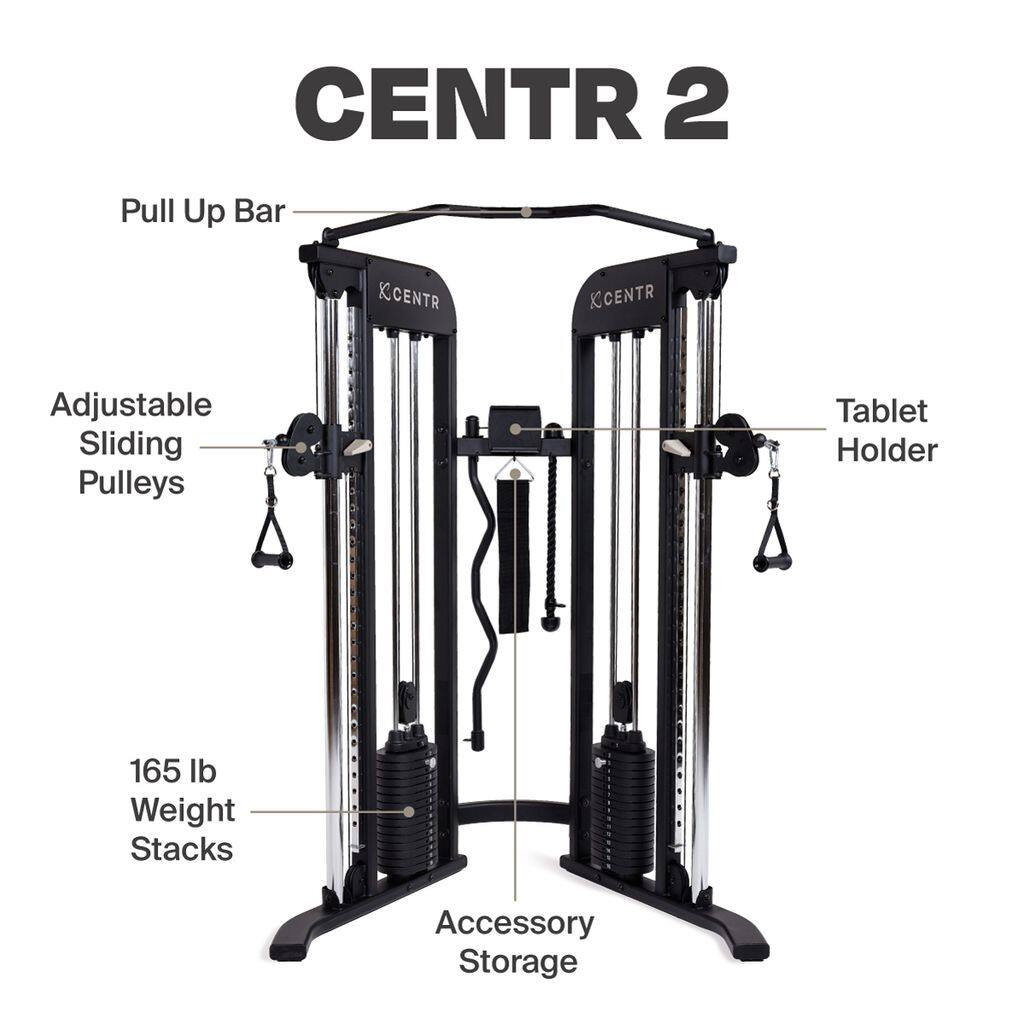CENTR 2

- Pull Up Bar
- Adjustable Sliding Pulleys
- Tablet Holder
- 165 lb Weight Stacks
- Accessory Storage