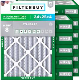 Filterbuy - 24x25x4 MERV 8 Dust & Allergy Defense, Electrostatic Pleated HVAC AC Furnace Air Filters Replacement (12-Pack) - Silver