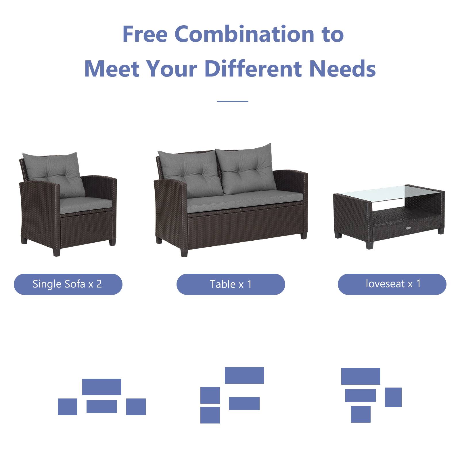 Free Combination to Meet Your Different Needs: Single Sofa x 2, Table x 1, Loveseat x 1.